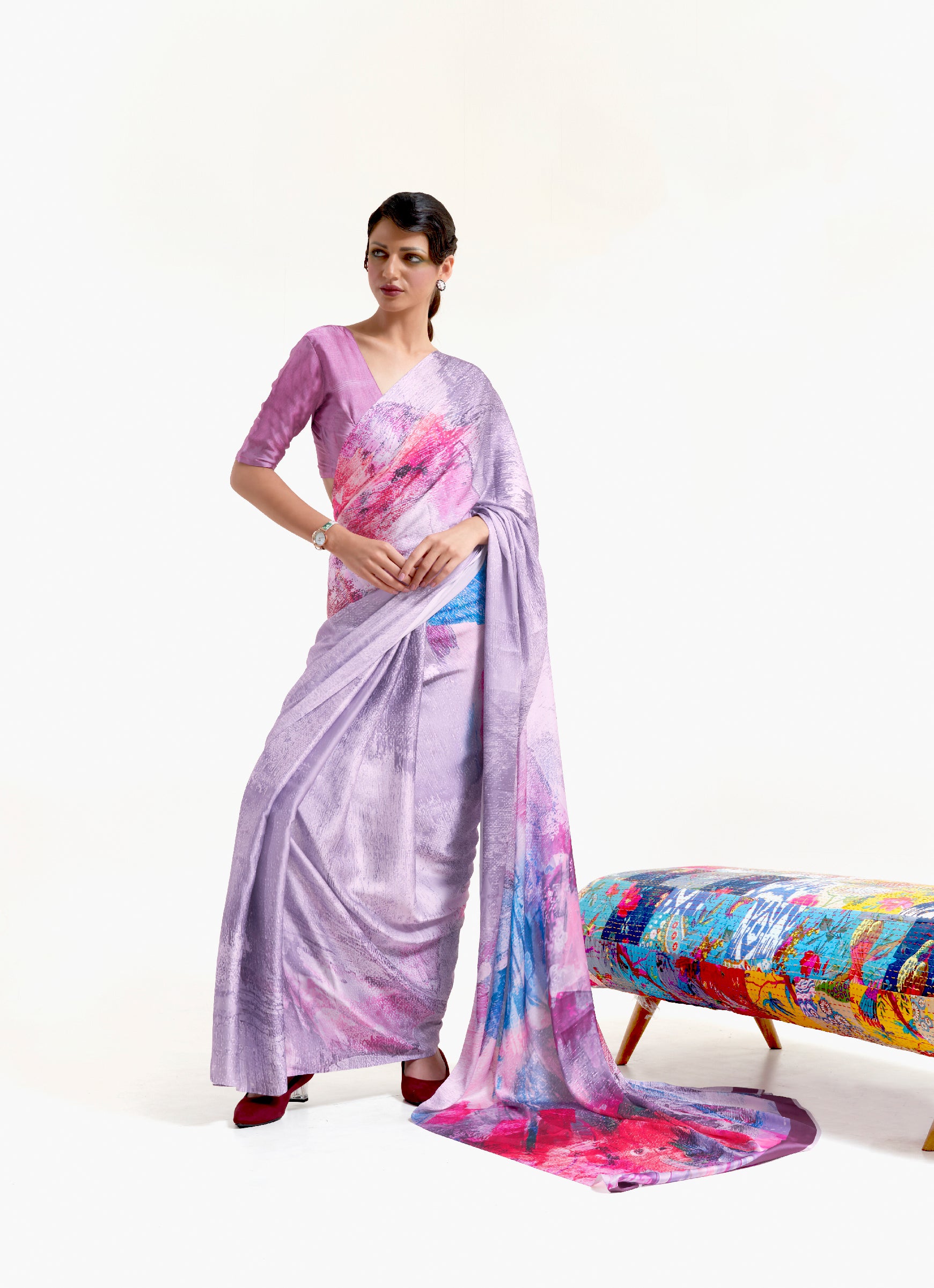 Regal Purple Multicoloured Printed Satin Silk Saree