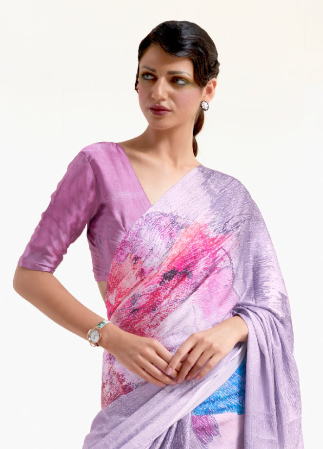 Regal Purple Multicoloured Printed Satin Silk Saree