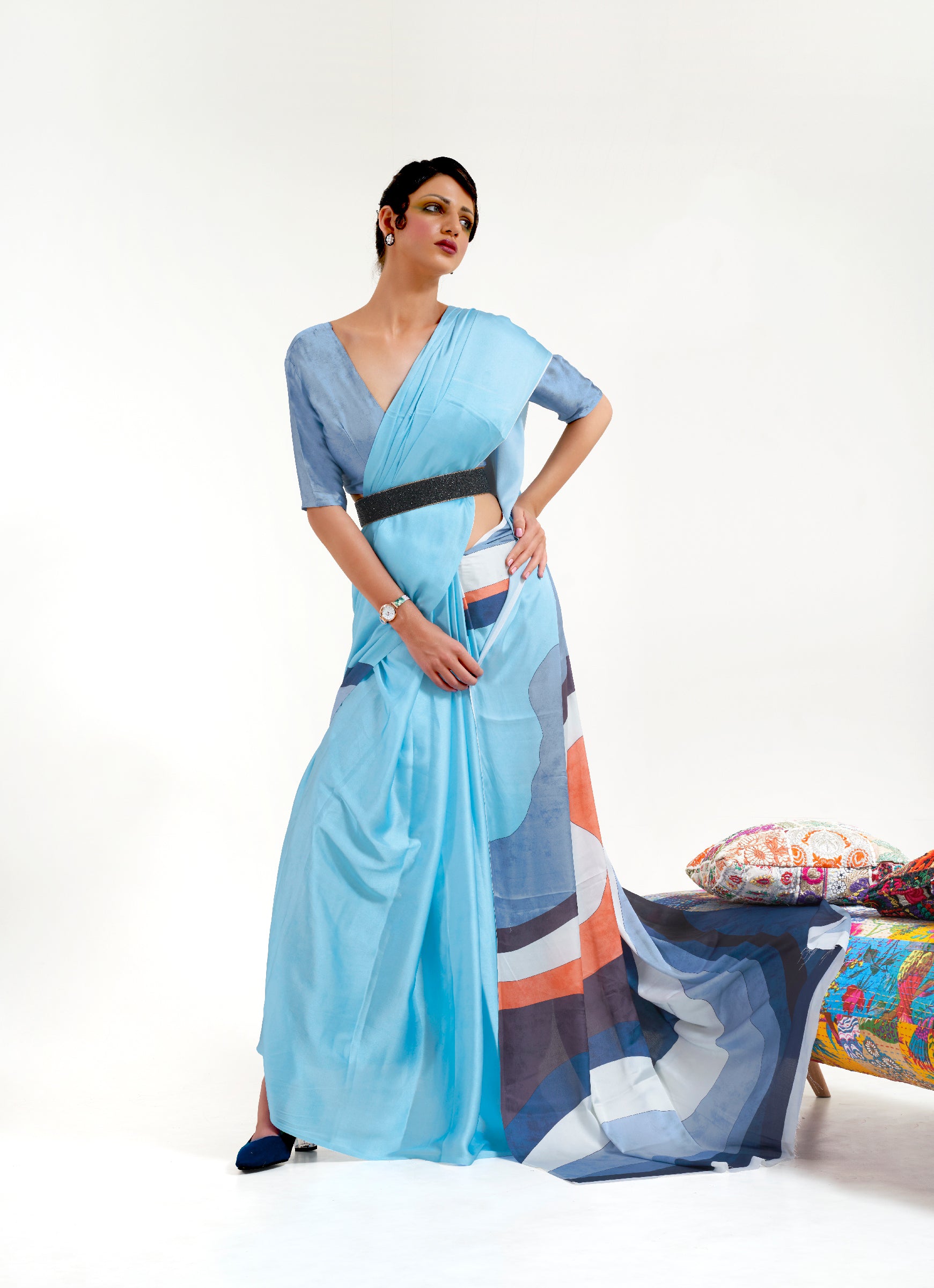 Cobalt Blue Opulence: Printed Satin Silk Saree