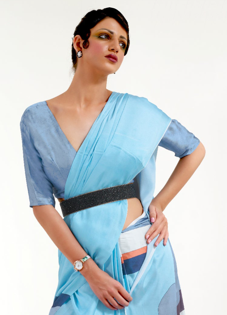 Cobalt Blue Opulence: Printed Satin Silk Saree