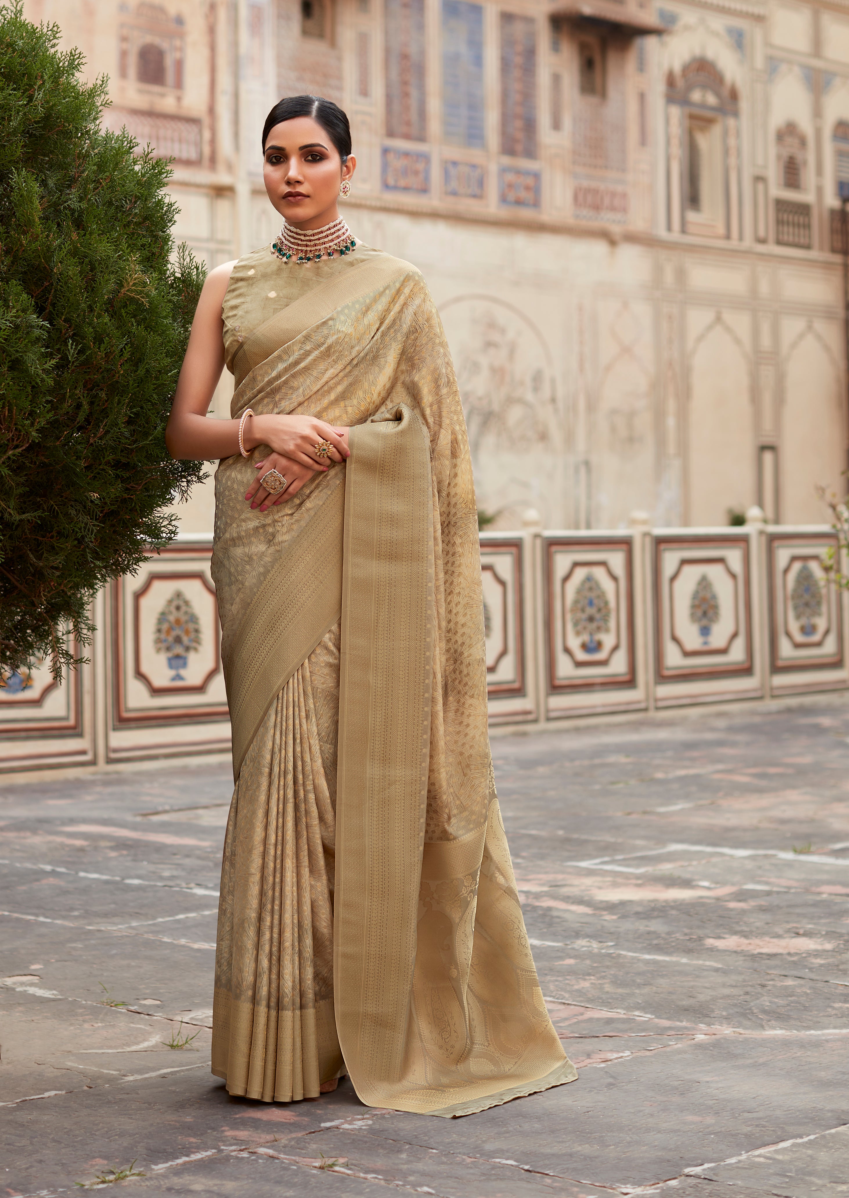 Twisted Gold Banarasi Digital Printed Silk Saree