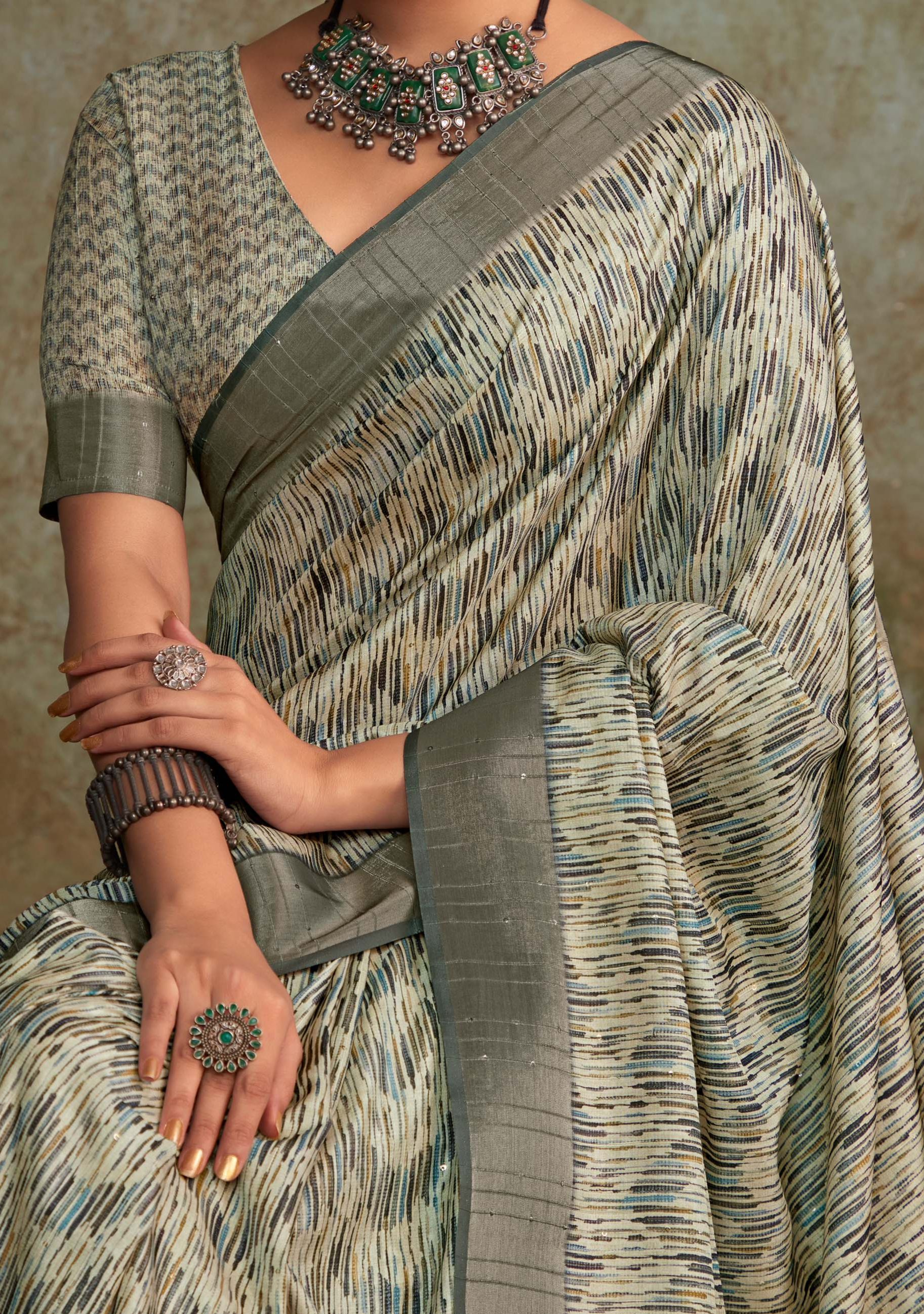 Elegant Dark Grey Banarasi Digital Printed Saree