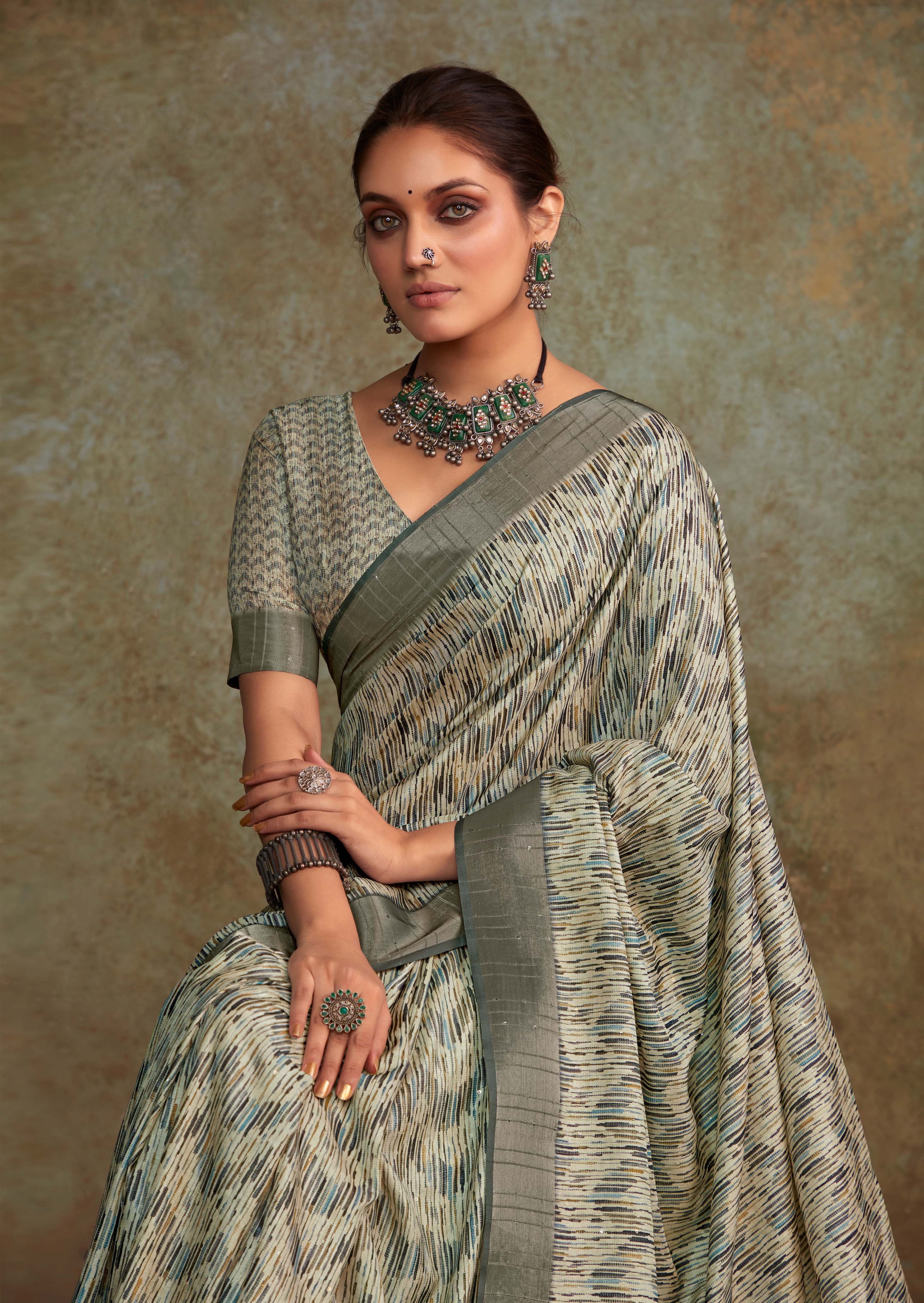 Elegant Dark Grey Banarasi Digital Printed Saree