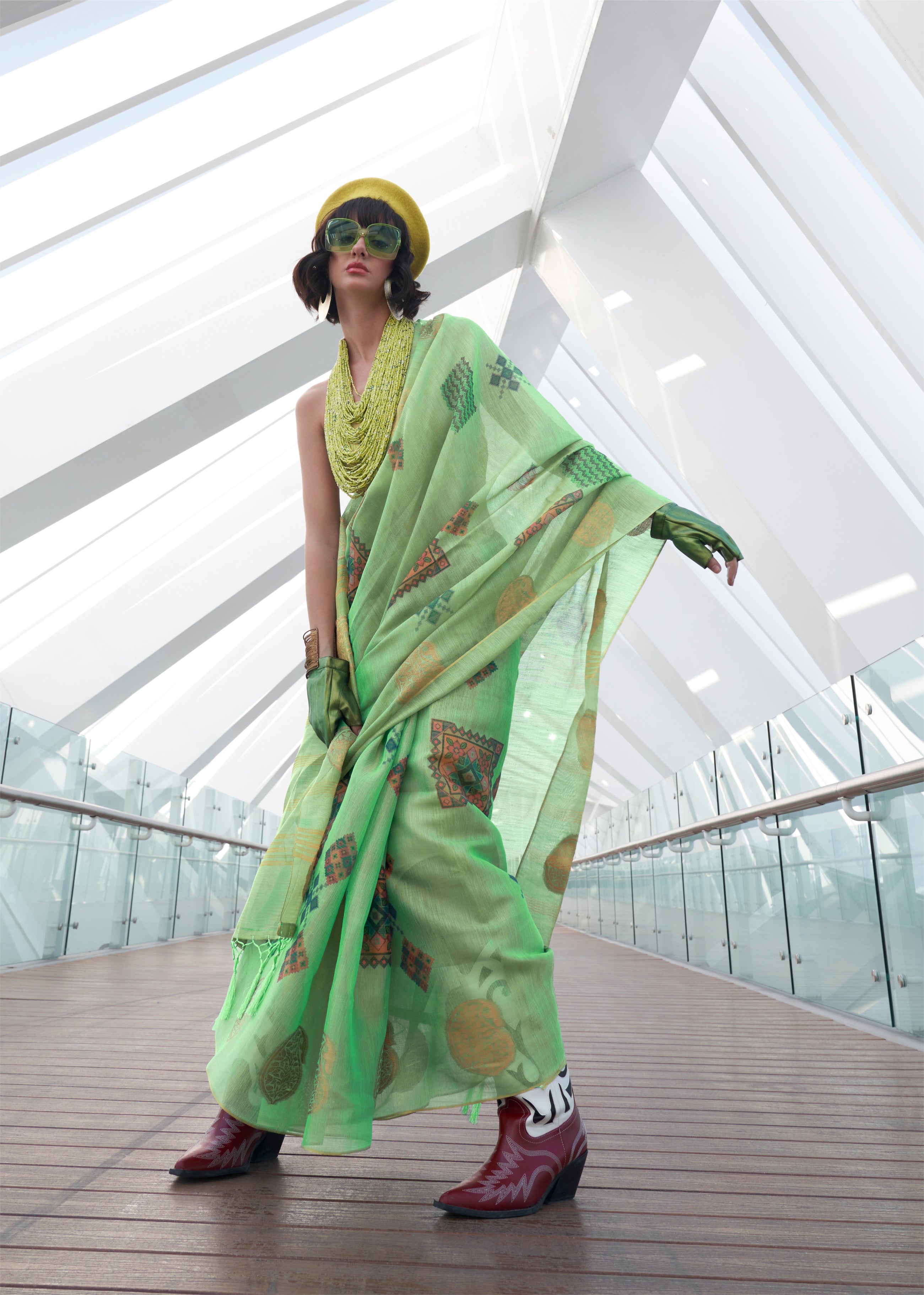 Sky Green Printed Handloom Zari Tissue Saree