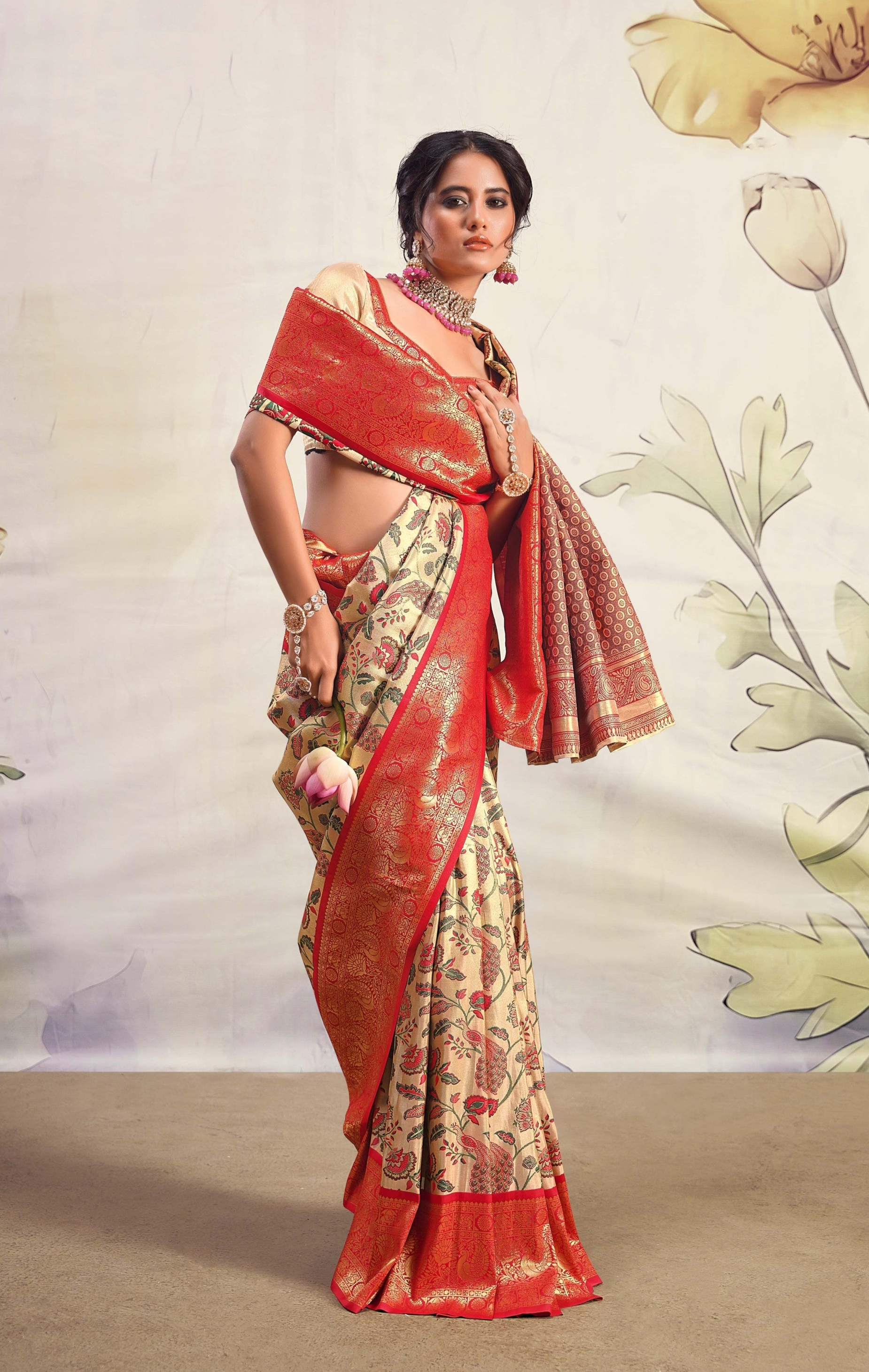 Beige and Red Woven Banarasi Silk Saree