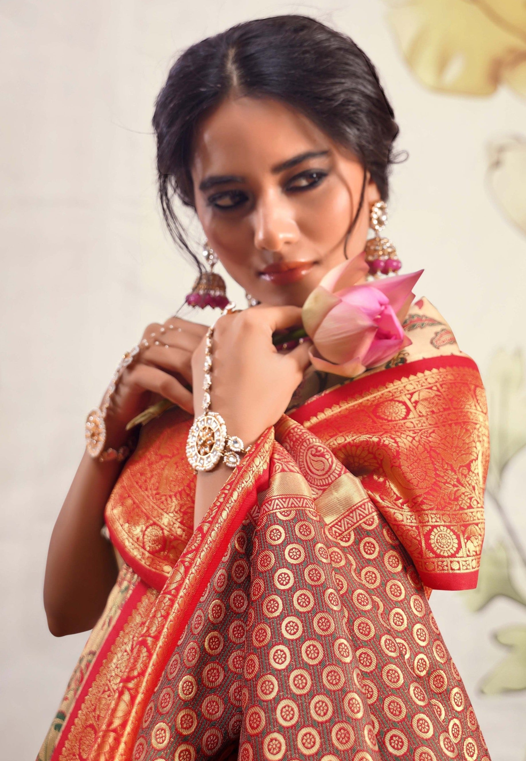 Beige and Red Woven Banarasi Silk Saree