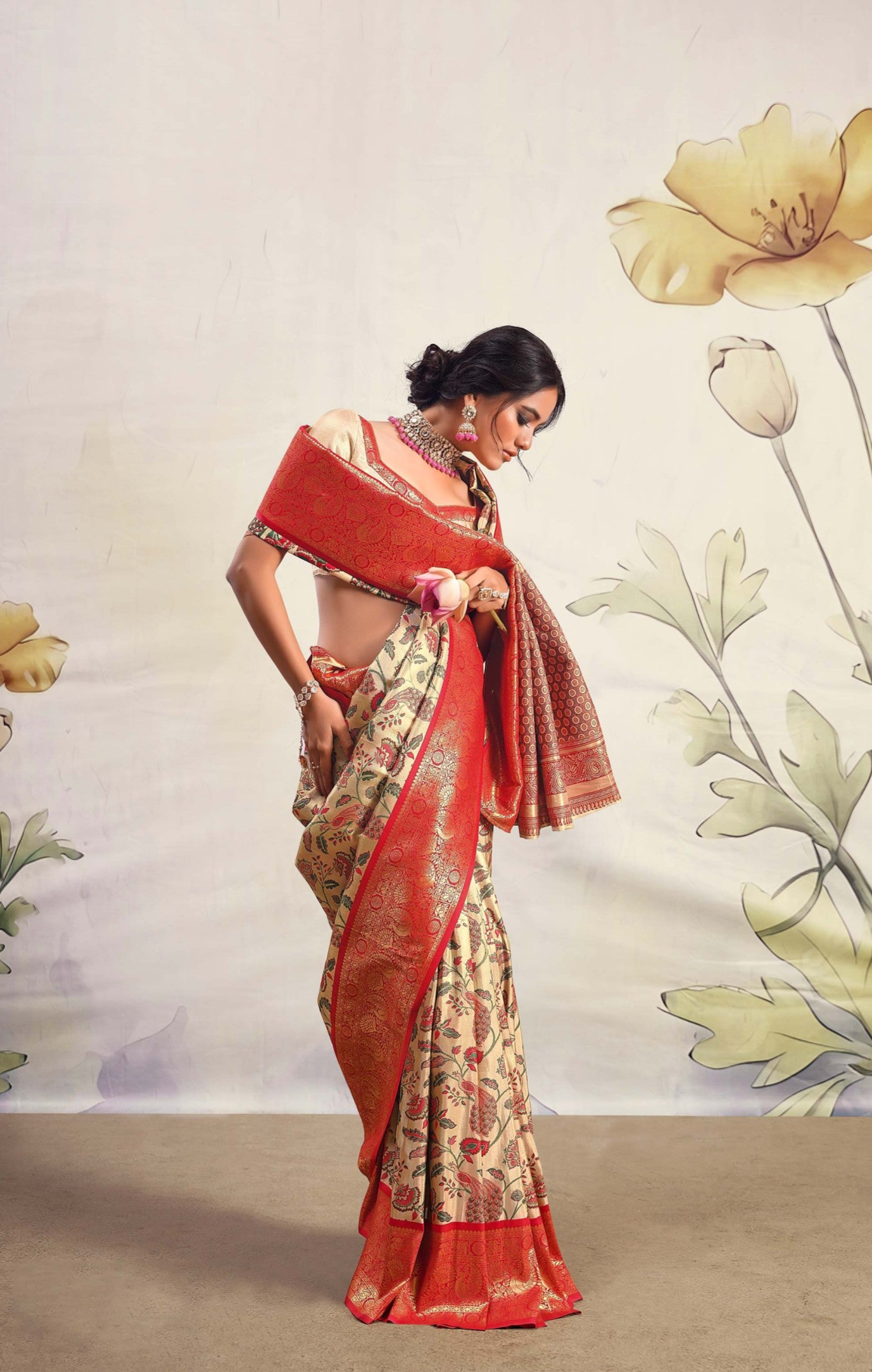 Beige and Red Woven Banarasi Silk Saree