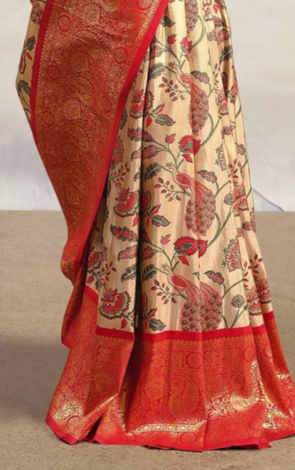 Beige and Red Woven Banarasi Silk Saree