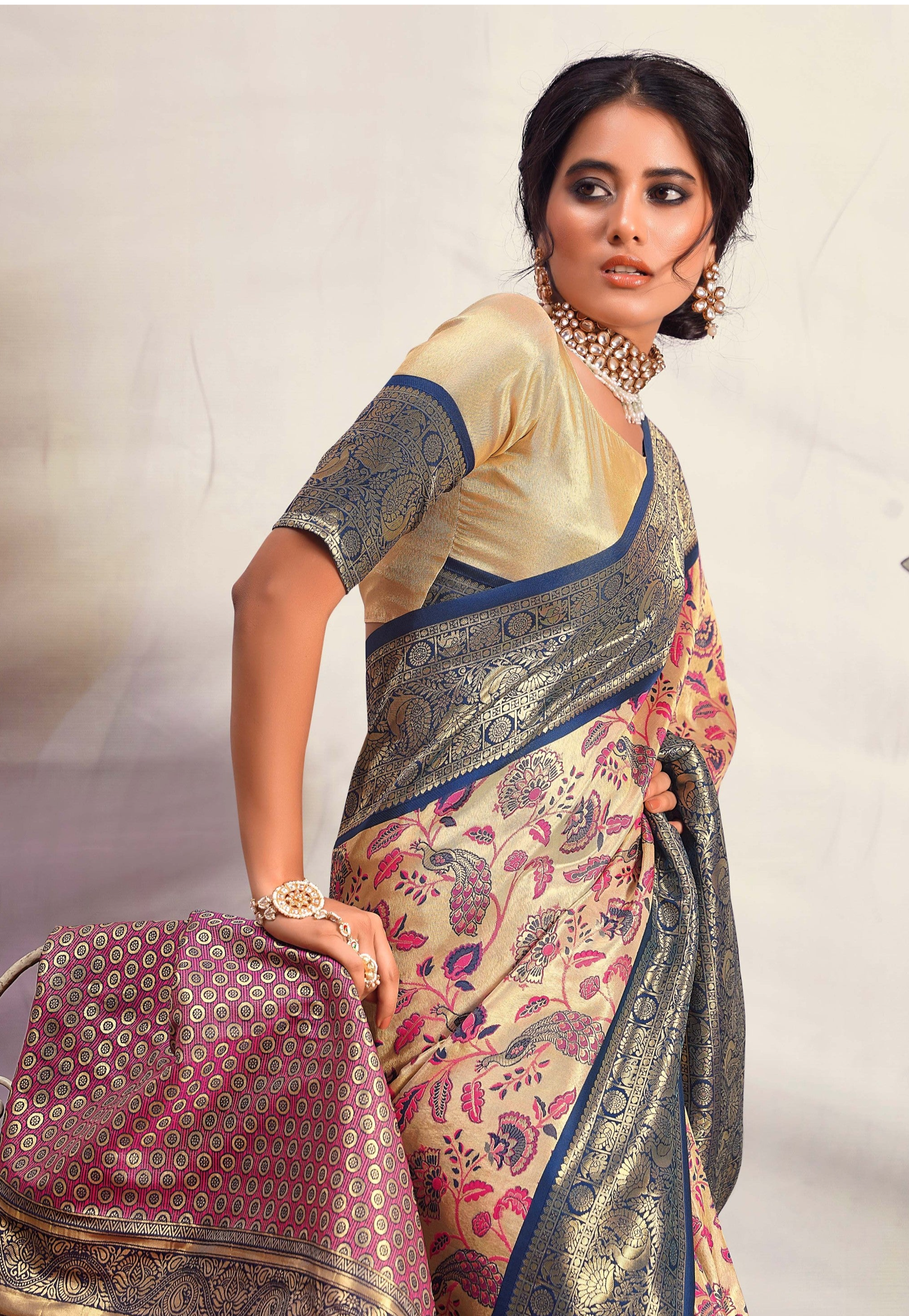 Exquisite Blue and Cream Woven Banarasi Silk Saree