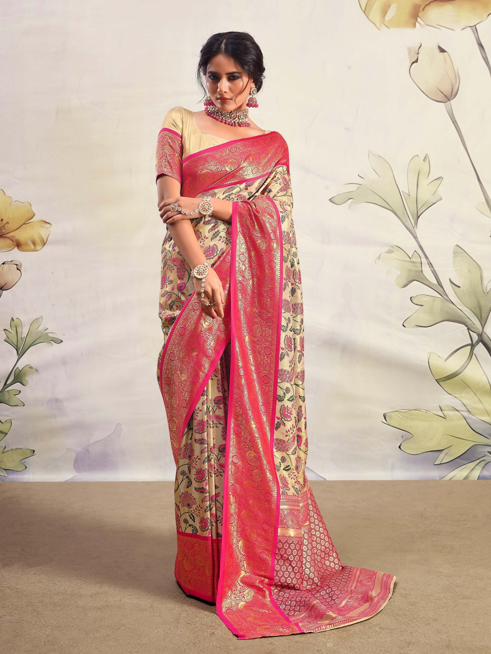 Beige and Brown Woven Banarasi Silk Saree