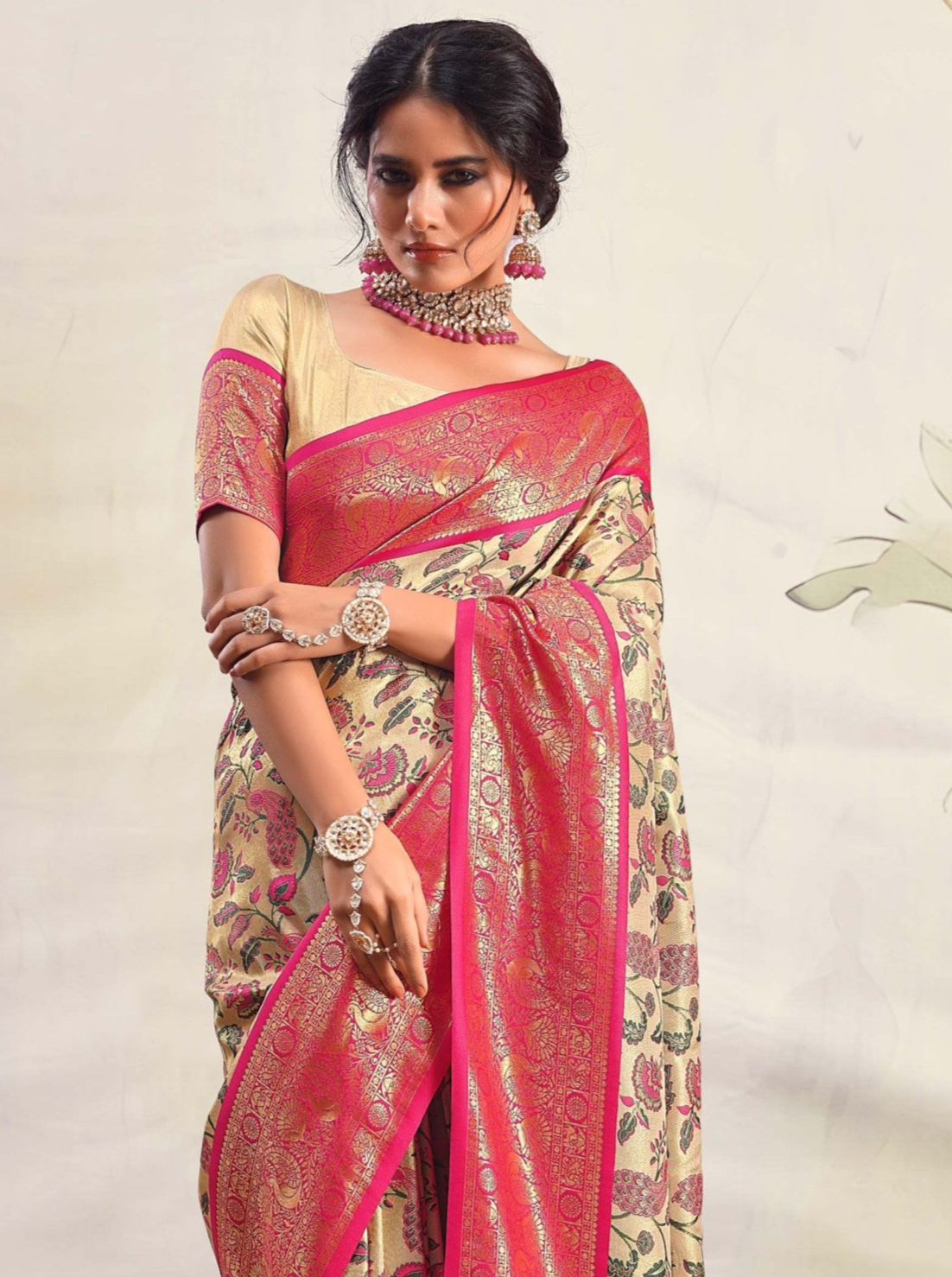 Beige and Brown Woven Banarasi Silk Saree