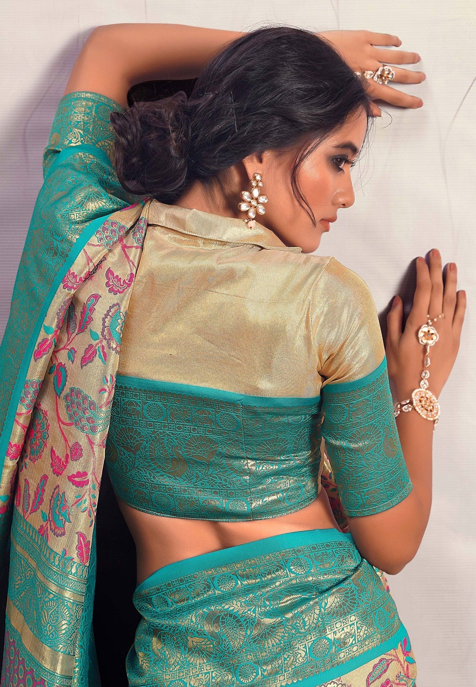 Beige and Turquoise Woven Banarasi Silk Saree