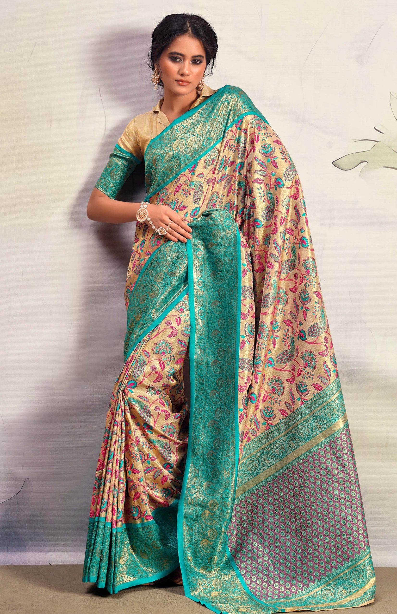 Beige and Turquoise Woven Banarasi Silk Saree