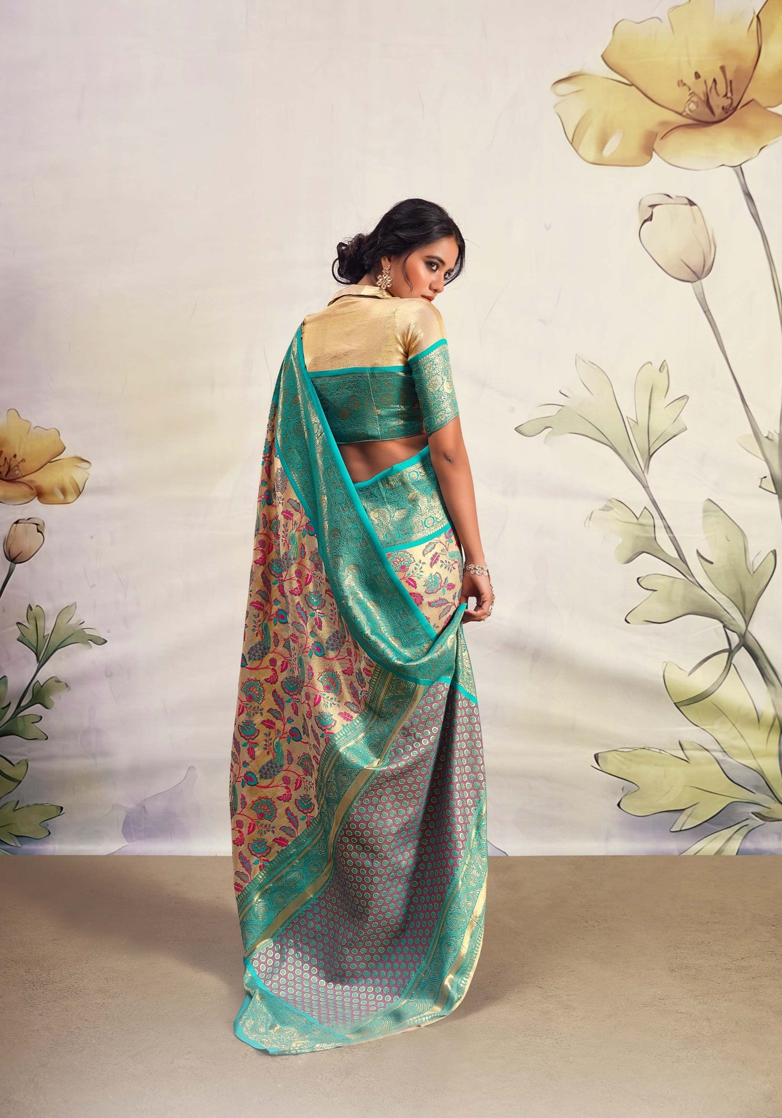 Beige and Turquoise Woven Banarasi Silk Saree