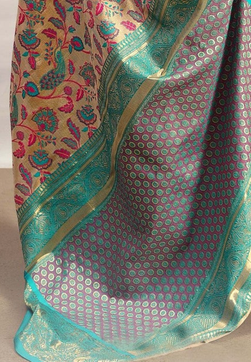 Beige and Turquoise Woven Banarasi Silk Saree