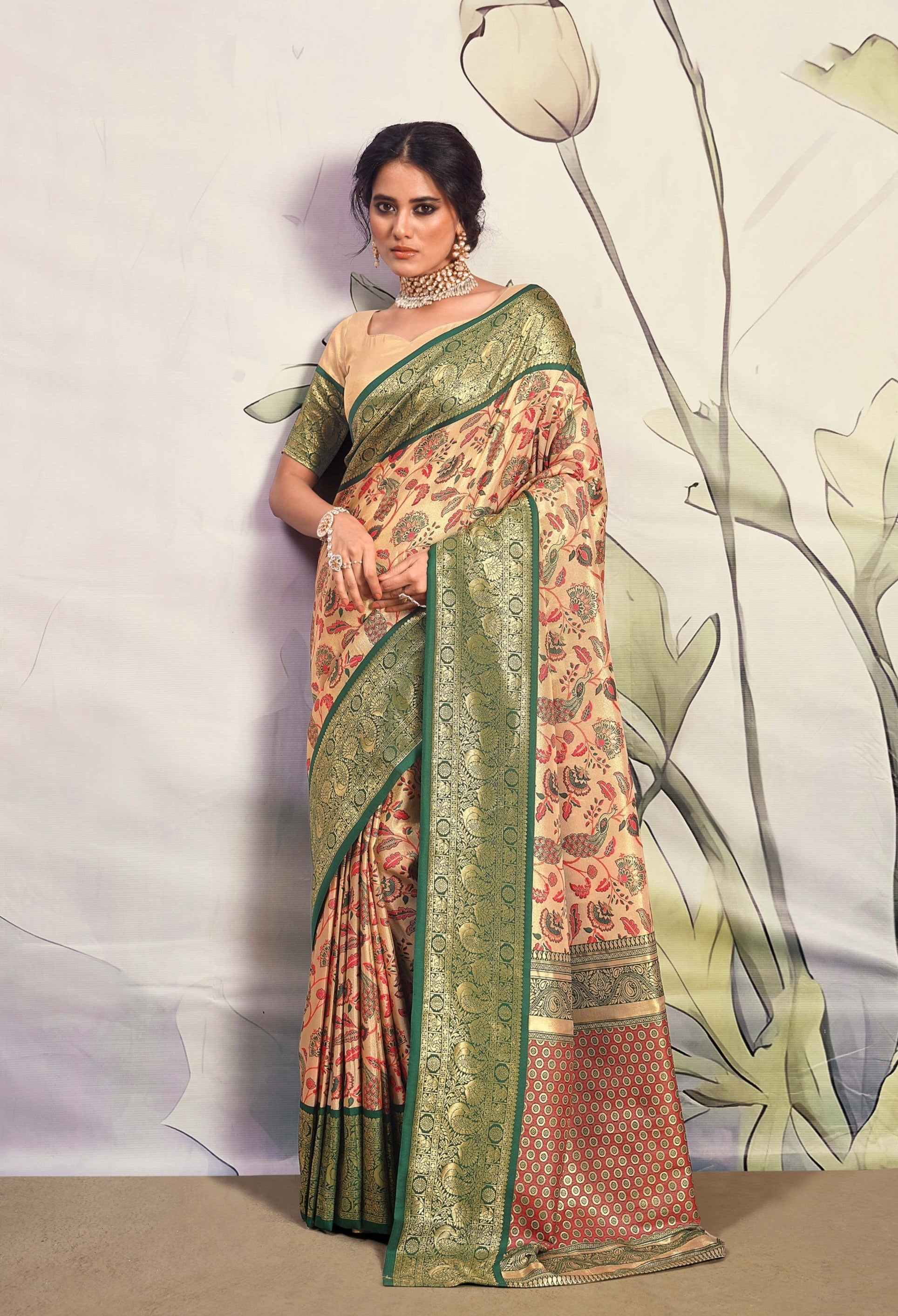 Beige and Celery Green Woven Banarasi Silk Saree