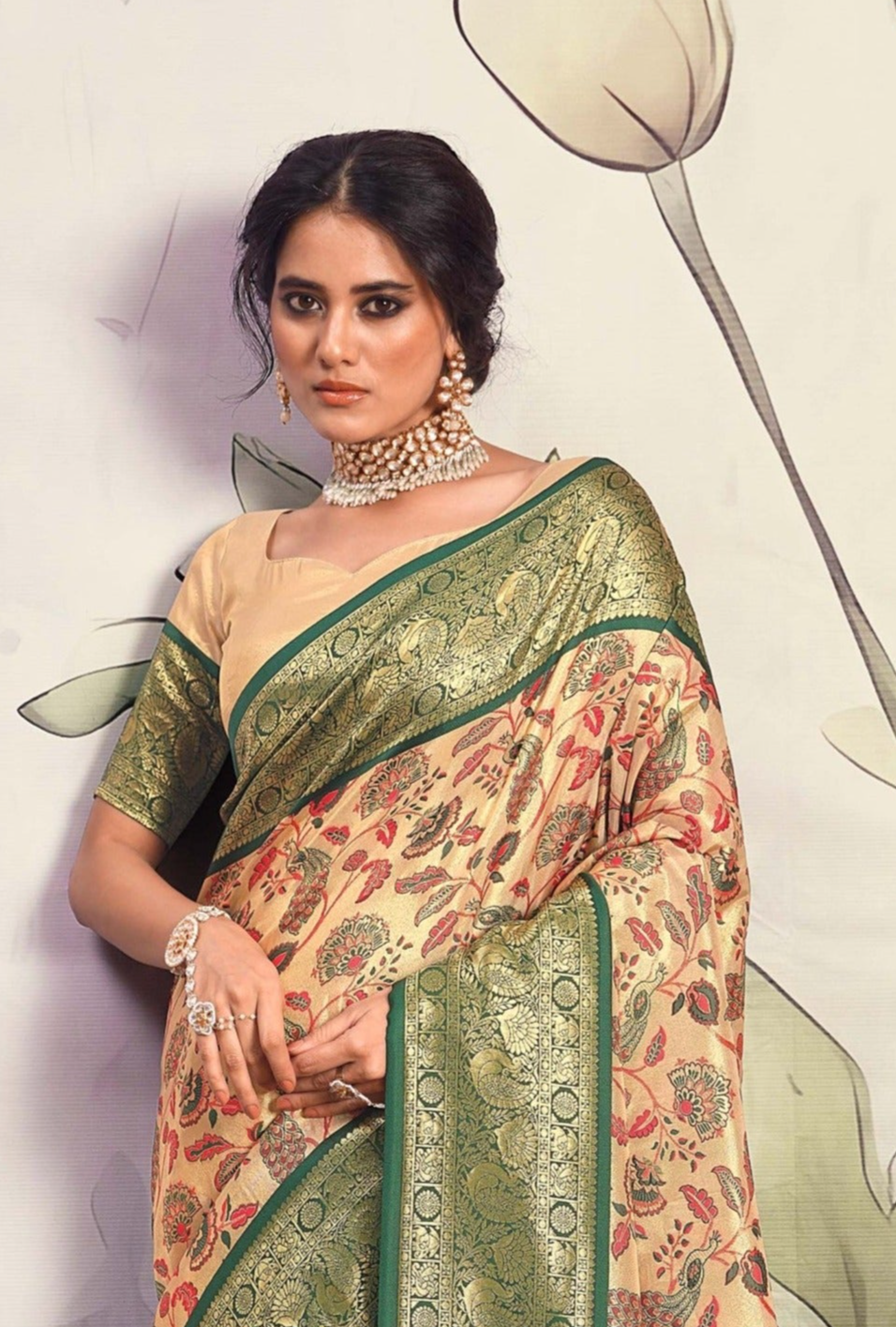 Beige and Celery Green Woven Banarasi Silk Saree