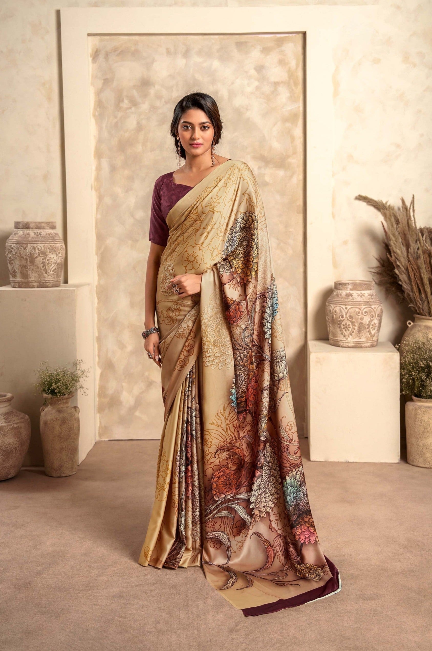 Stark Cream Digital Printed Soft Silk Saree