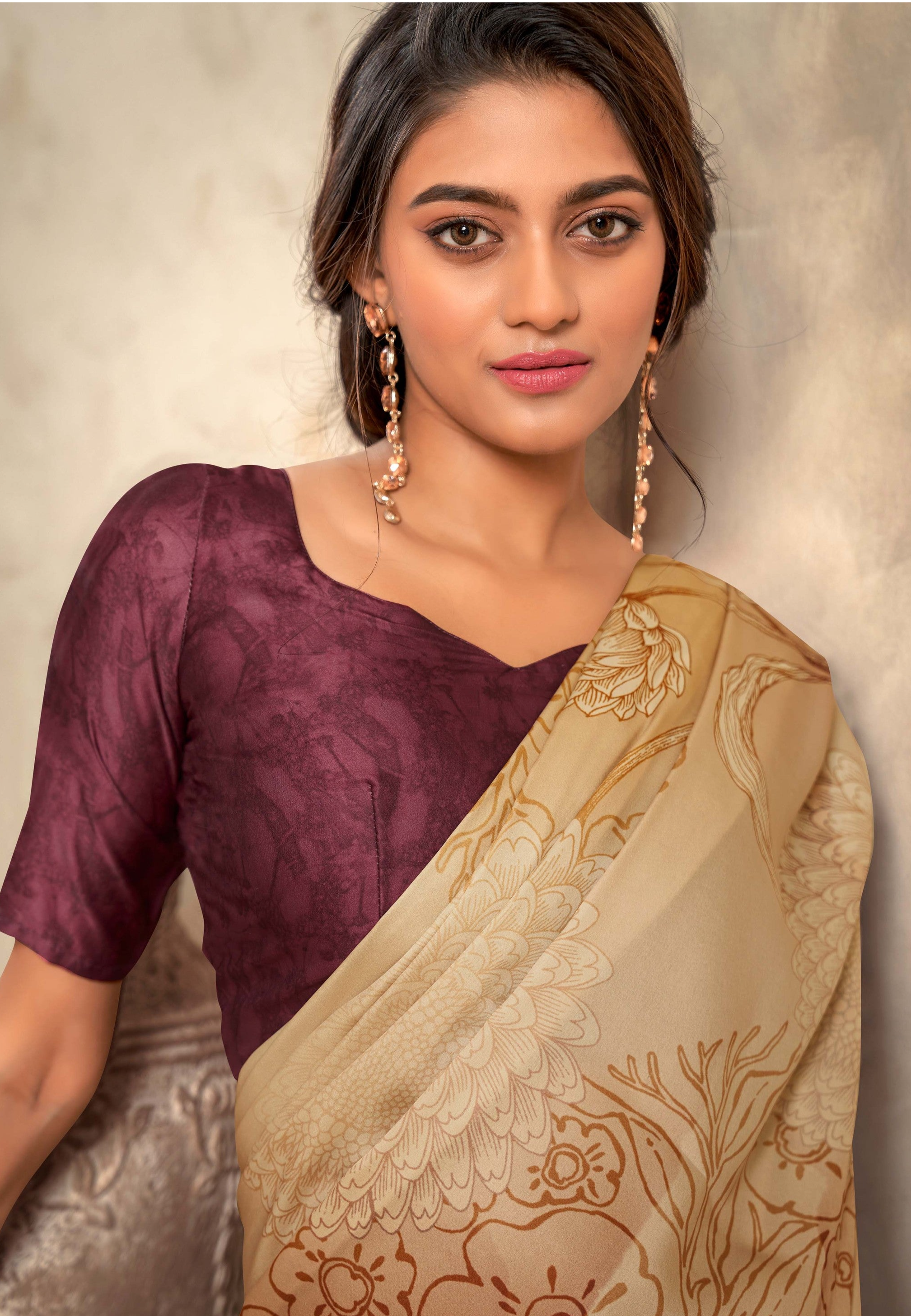 Stark Cream Digital Printed Soft Silk Saree