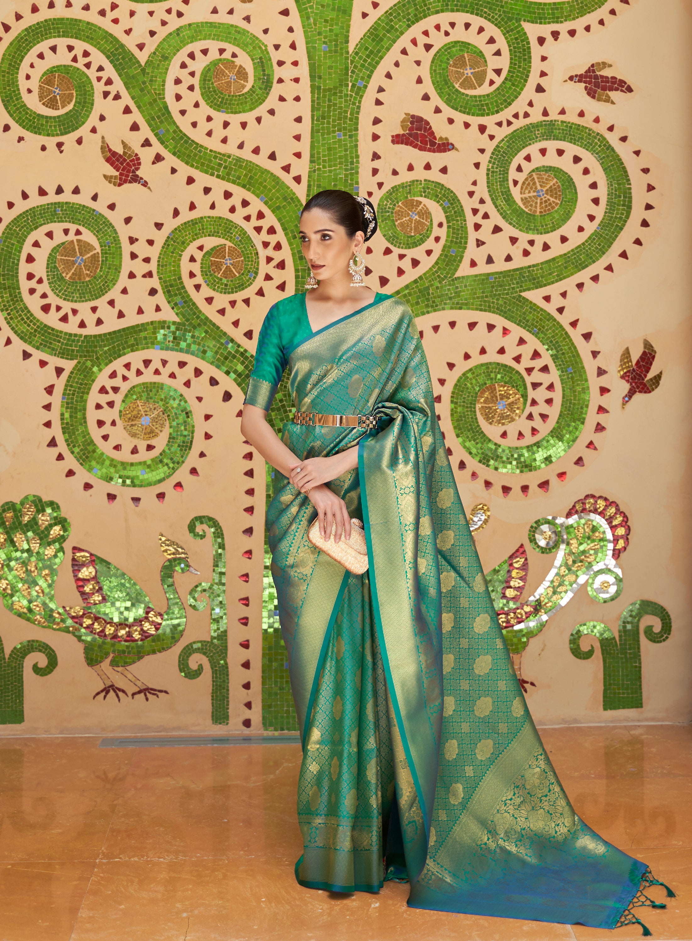 Viridian Green Zari Woven Kanjivaram Saree