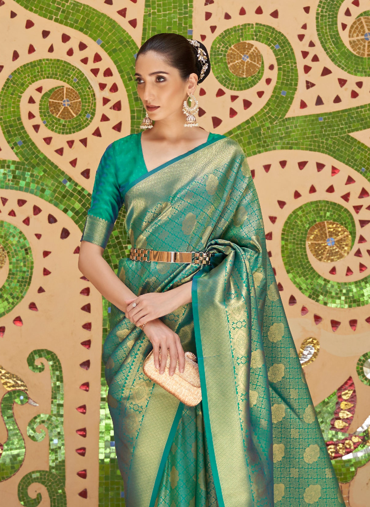 Viridian Green Zari Woven Kanjivaram Saree