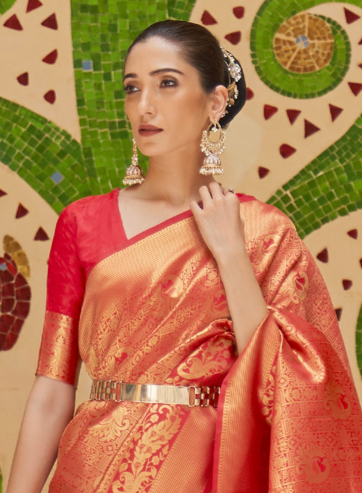 Scarlet Red Zari Woven Kanjivaram Saree