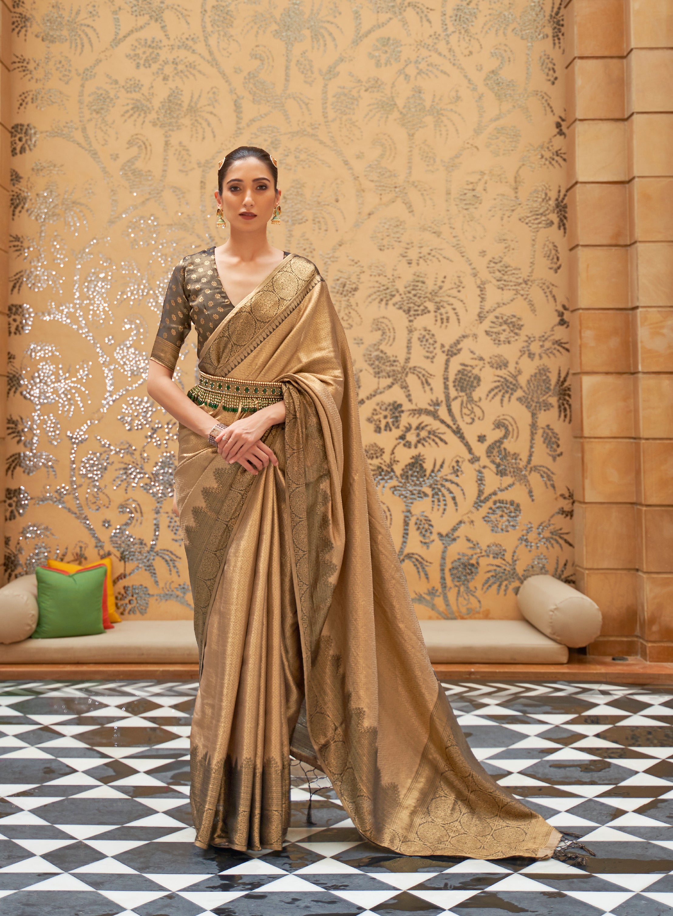 Opulent Chestnut Brown Zari Kanjivaram Saree