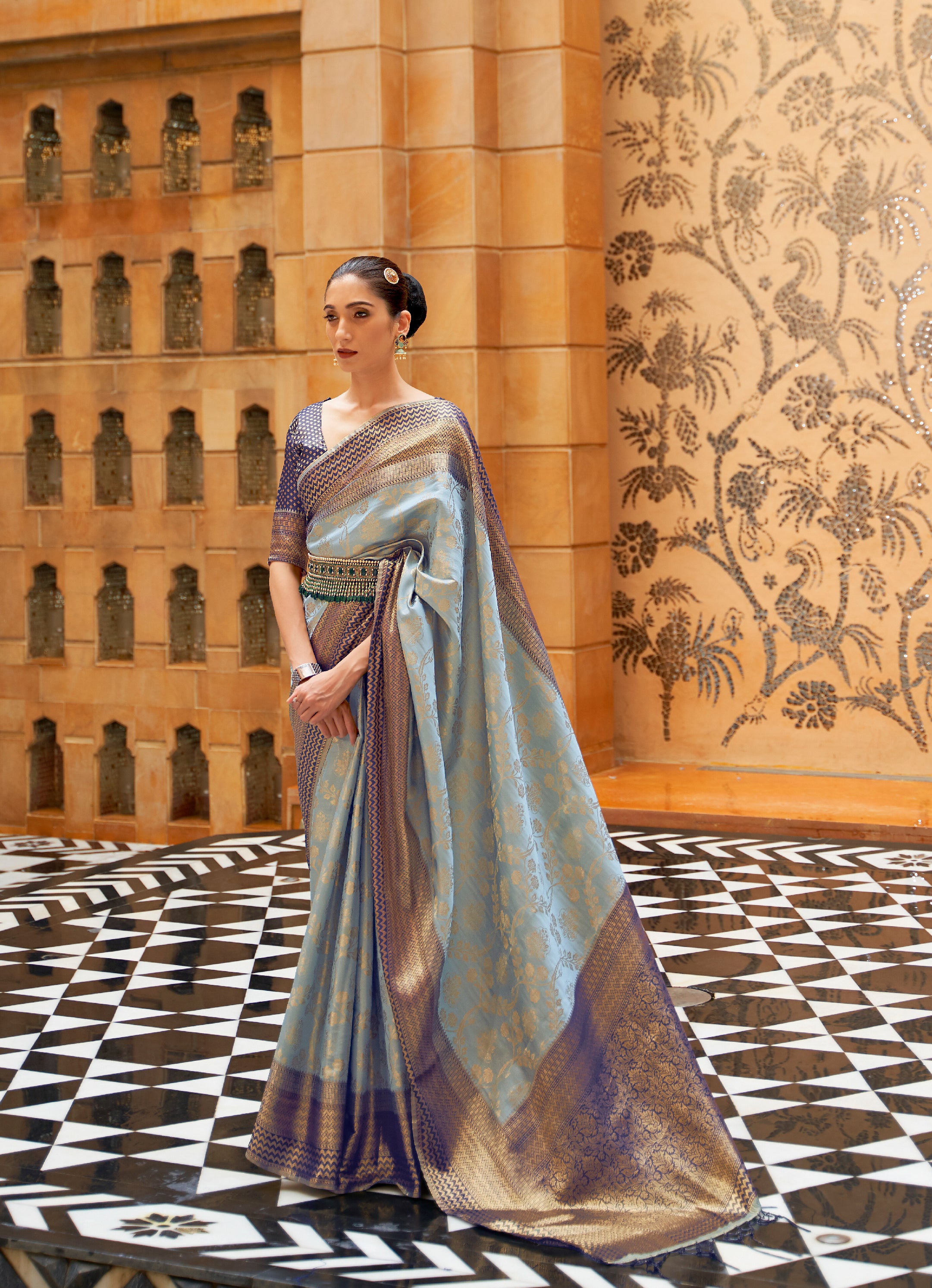 Navy Blue Zari Embellished Kanjivaram Saree