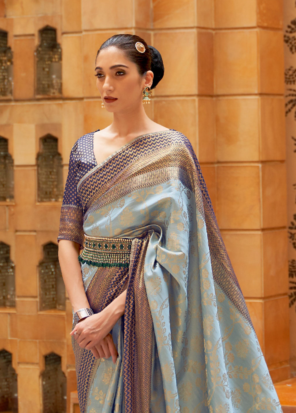 Navy Blue Zari Embellished Kanjivaram Saree