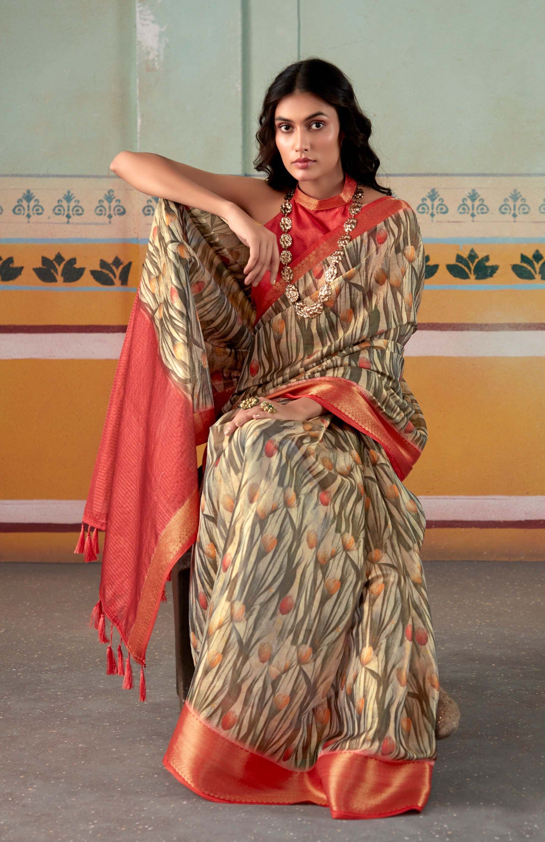 Earthy Brown and Red Banarasi Tissue Silk Saree