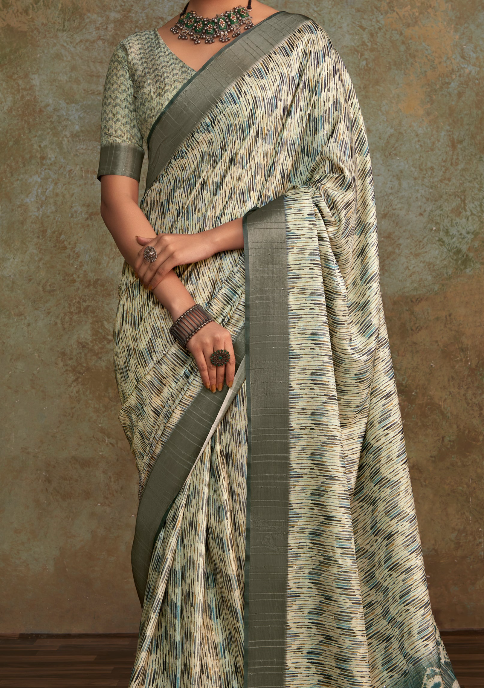 Elegant Dark Grey Banarasi Digital Printed Saree