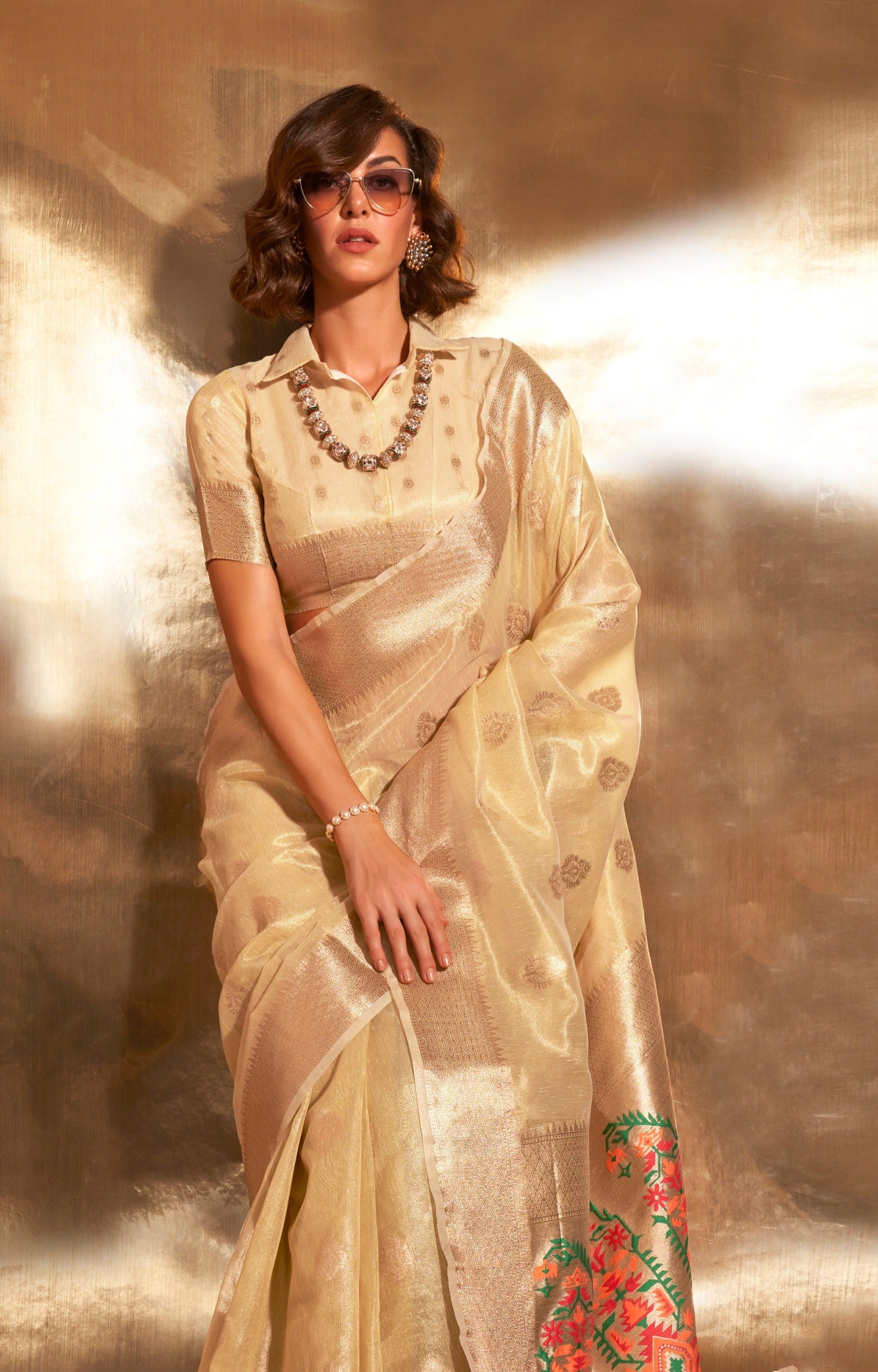 Cream Zari Woven Paithani Tissue Saree