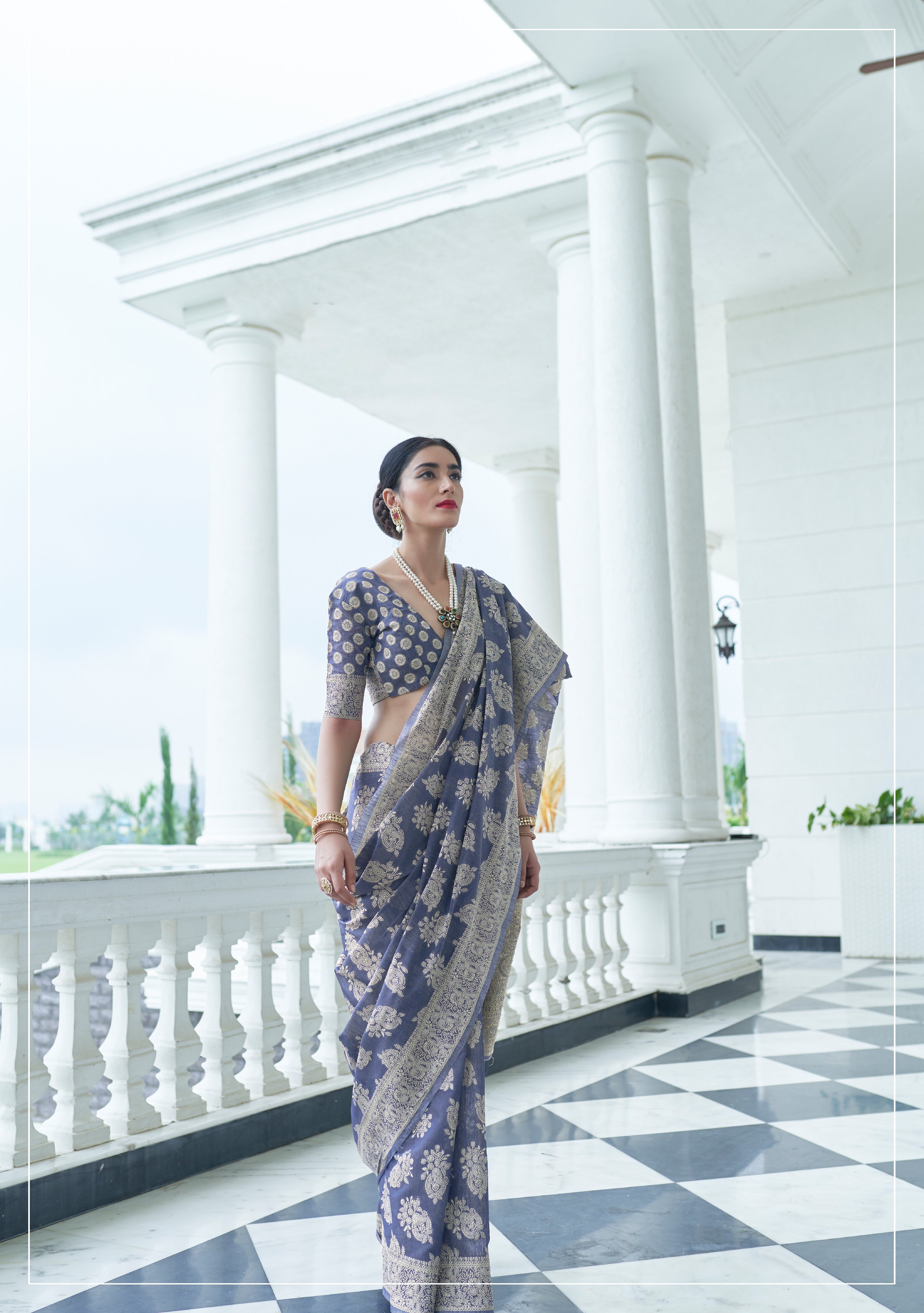 Twilight Haze Greyish Blue Lucknowi Chikankari Cotton Saree