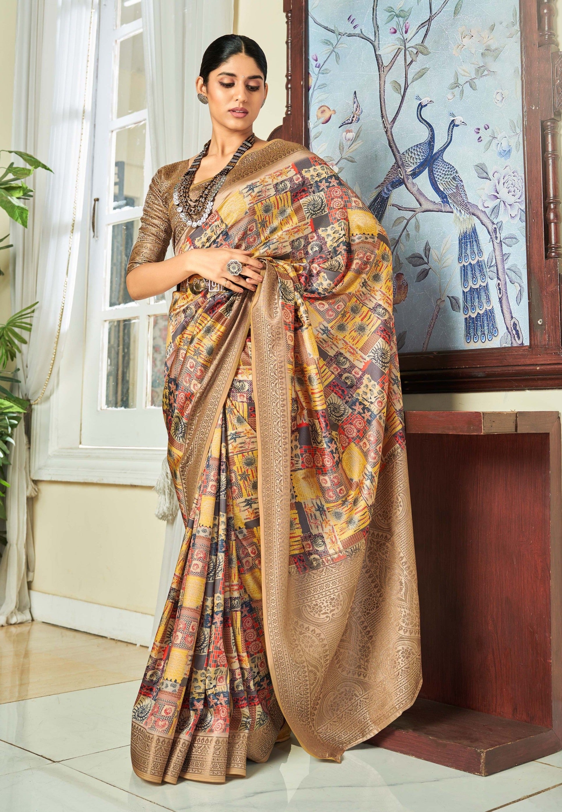 Elegant Beige Banarasi Satin Silk Saree