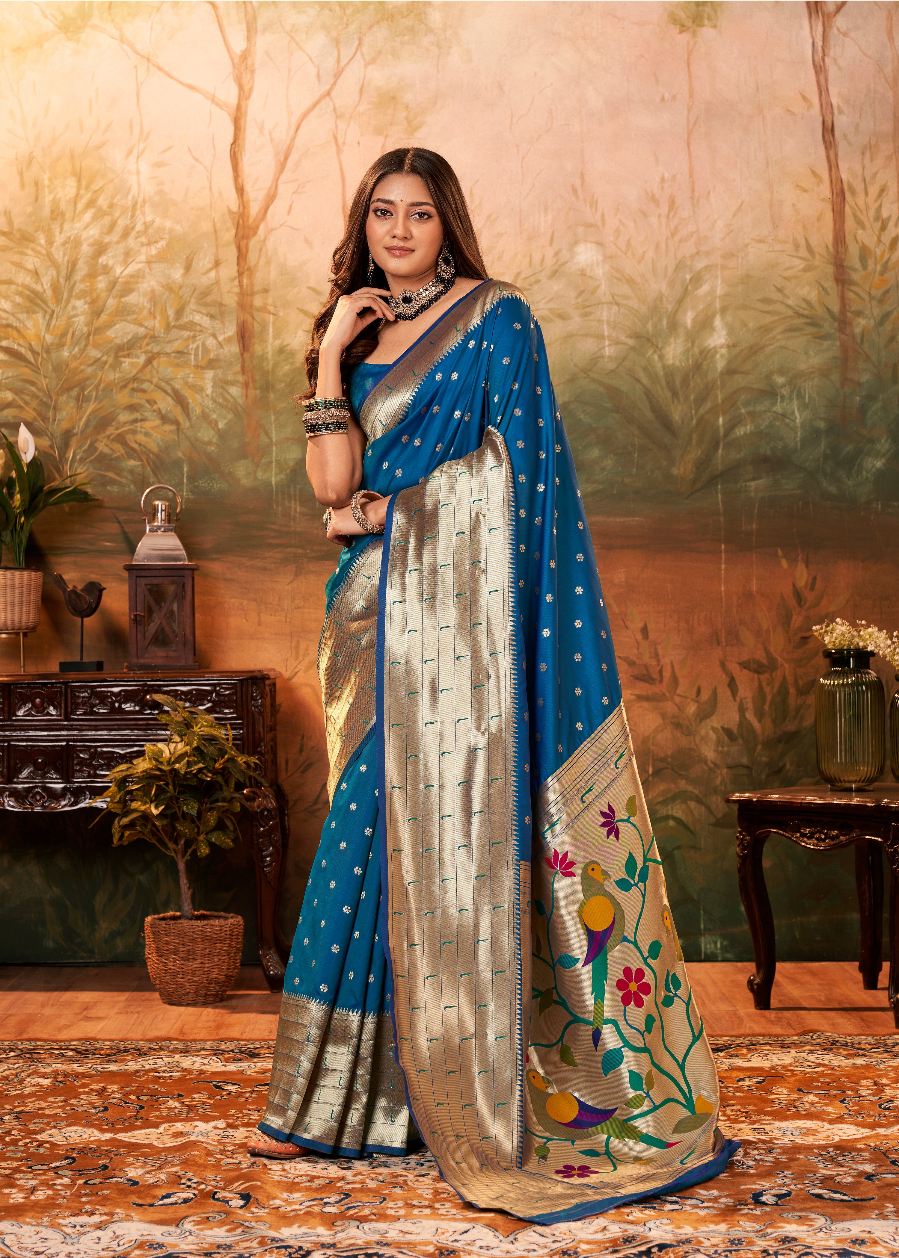 Citrusy Blue Pure Paithani Silk with Zari Weaving  Saree