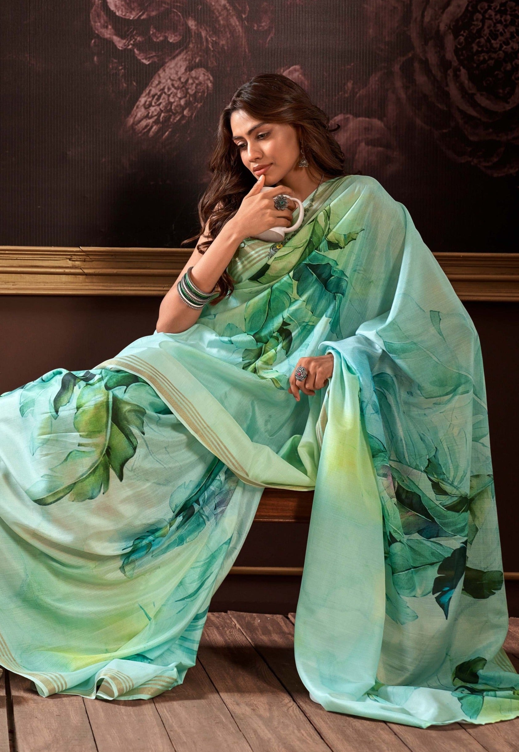 Swamp Green Floral Digital Print Satin Silk Saree