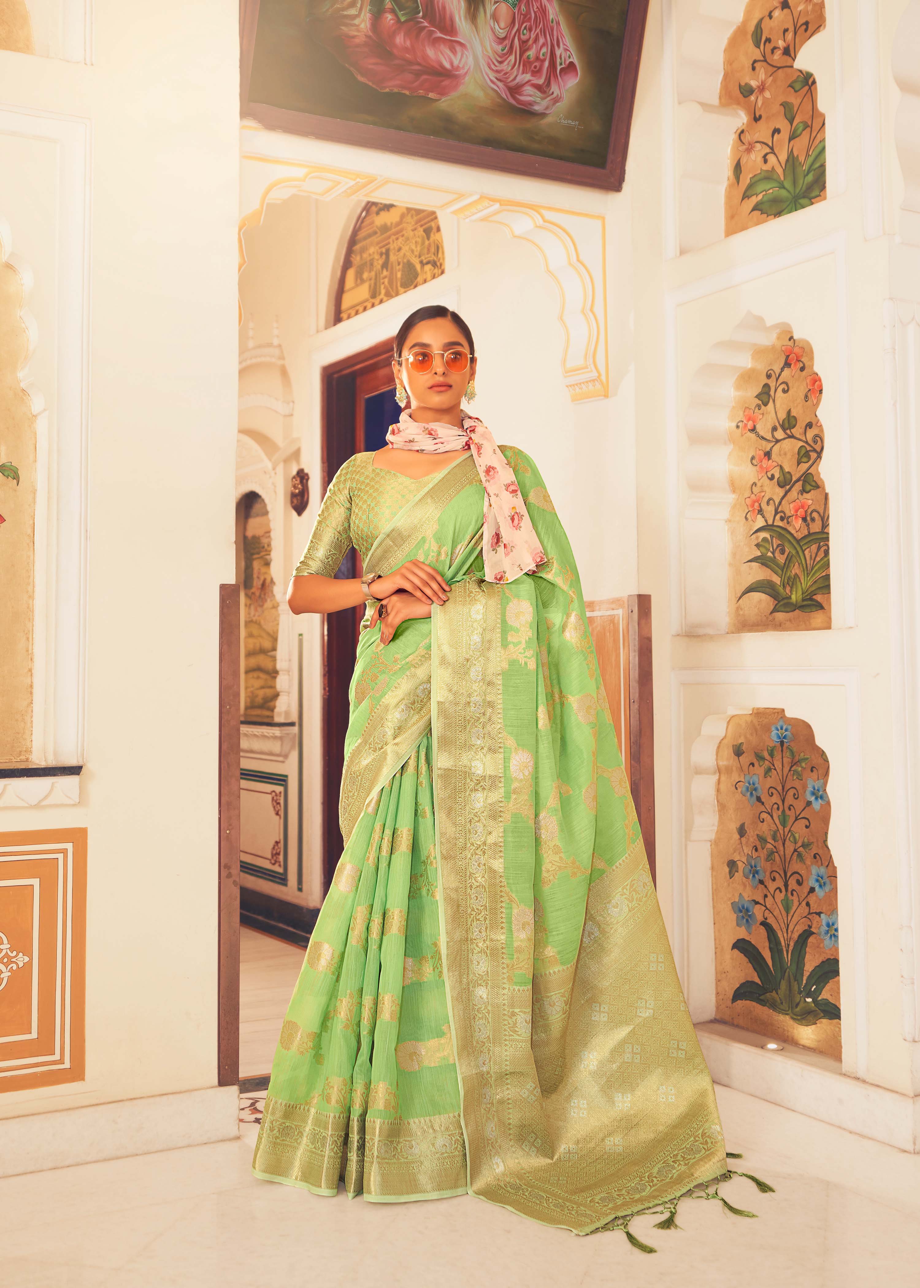 Kiwi Green Elegance Linen Silk Saree