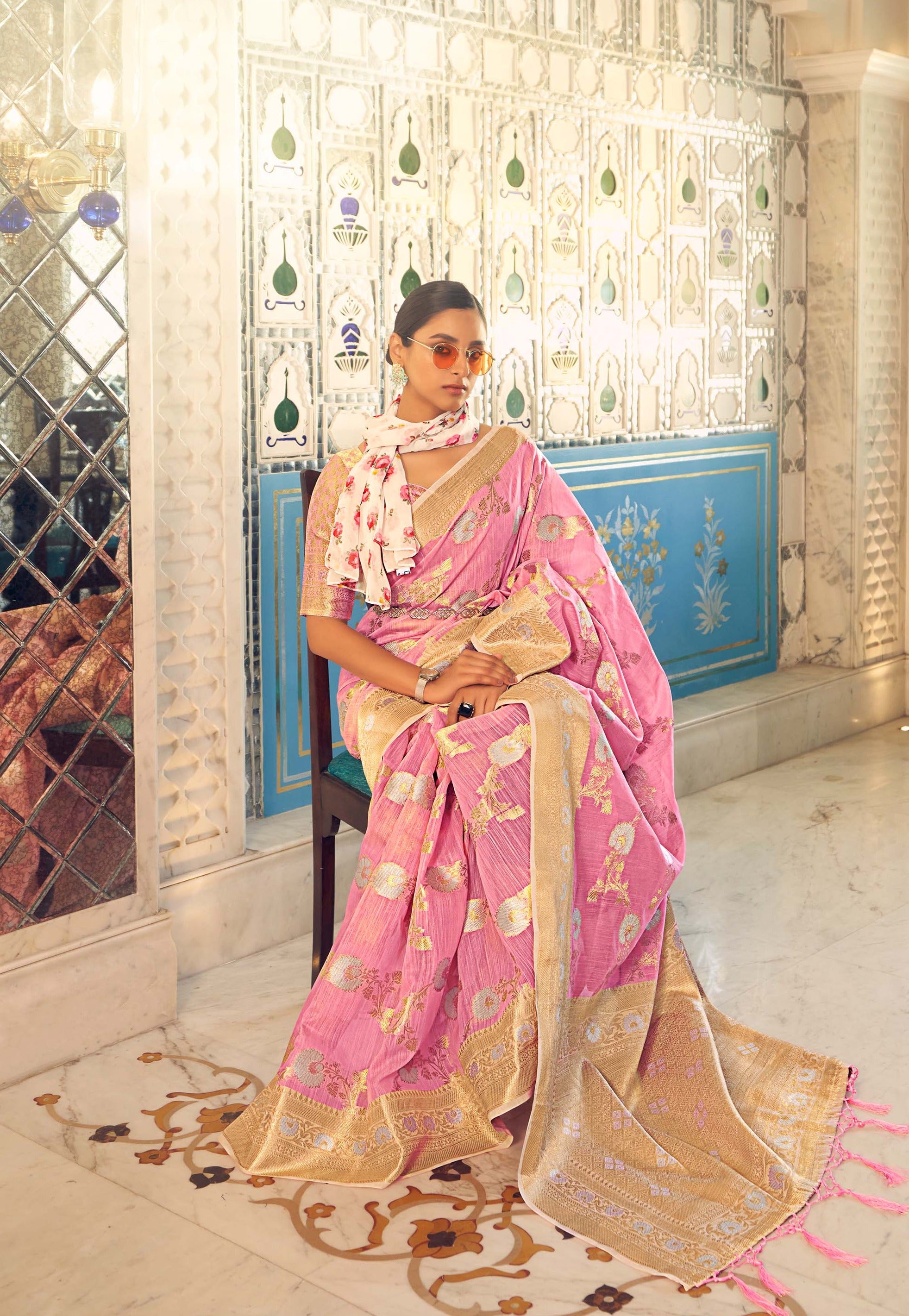 Tulip Pink Elegance Linen Silk Saree