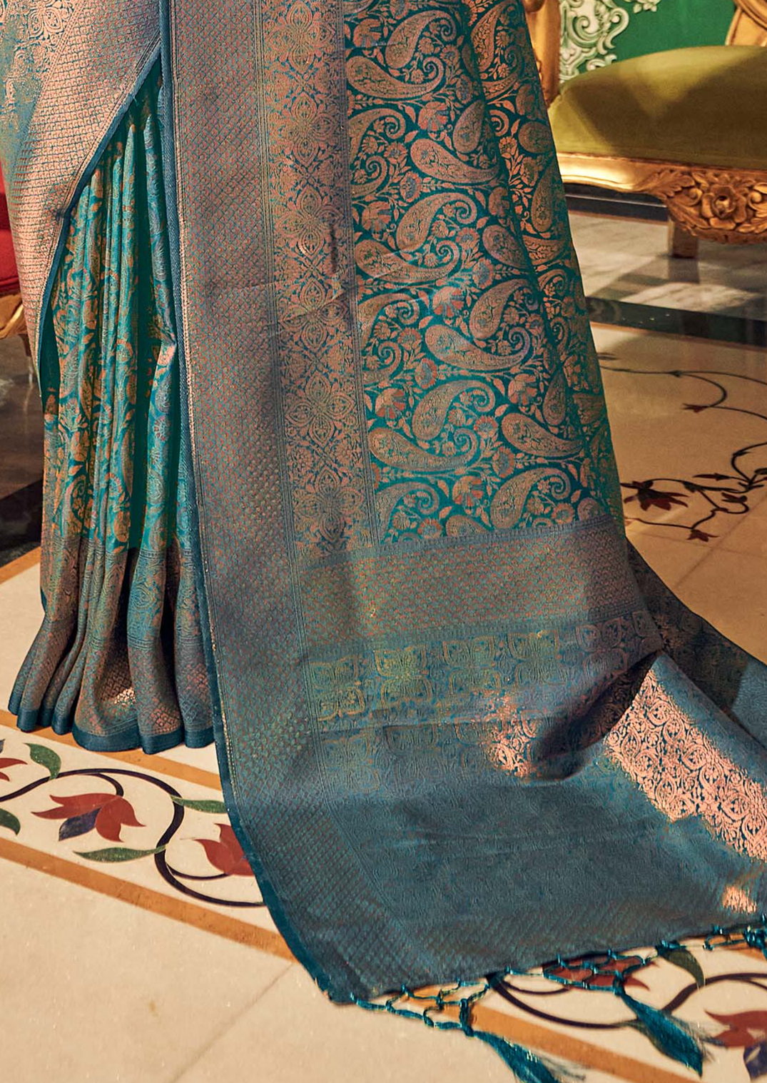 Celestial Peacock Blue Zari Woven Kanjivaram Silk Saree