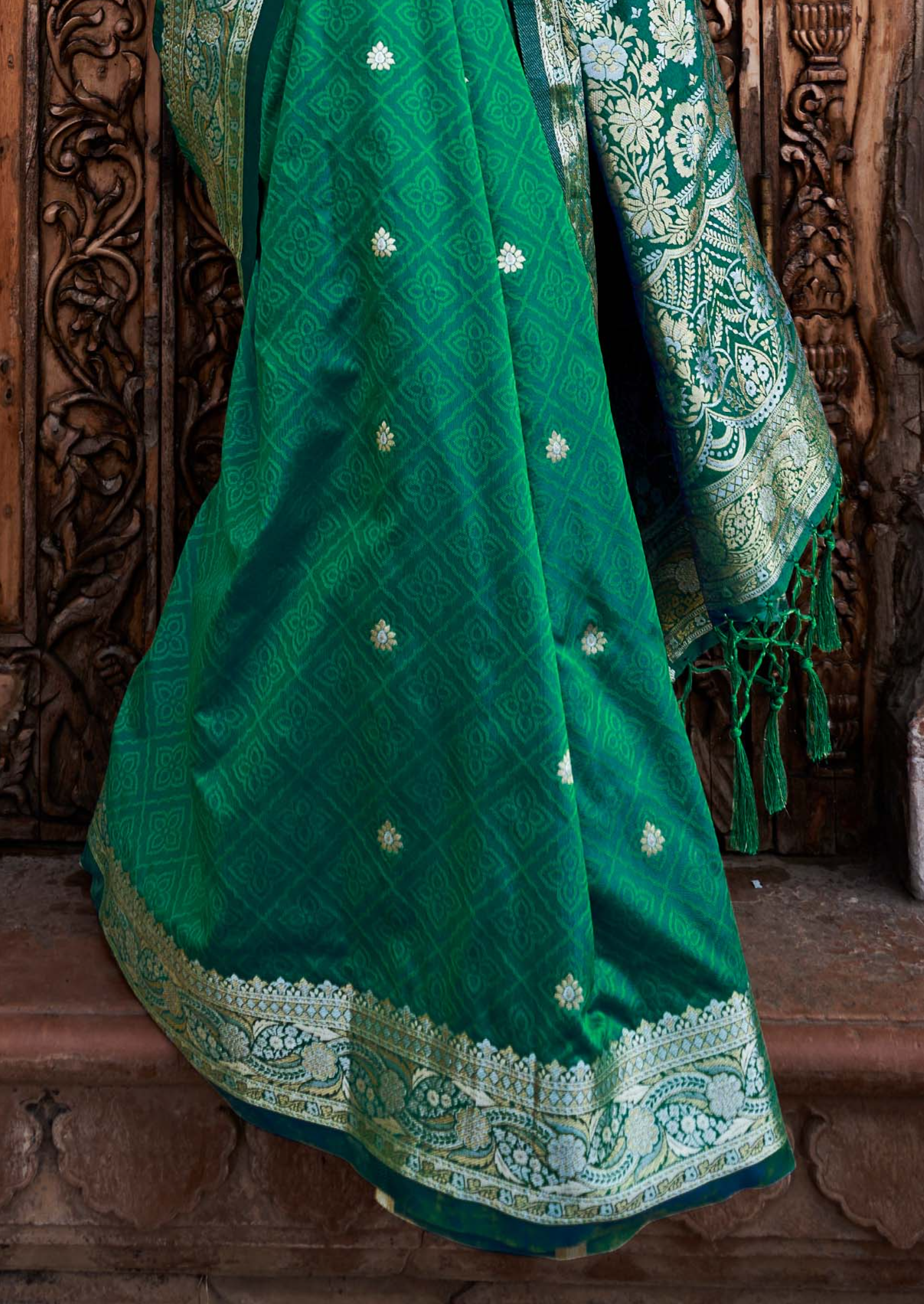 Enchanting Forest Dark Green Woven Banarasi Satin Silk Saree