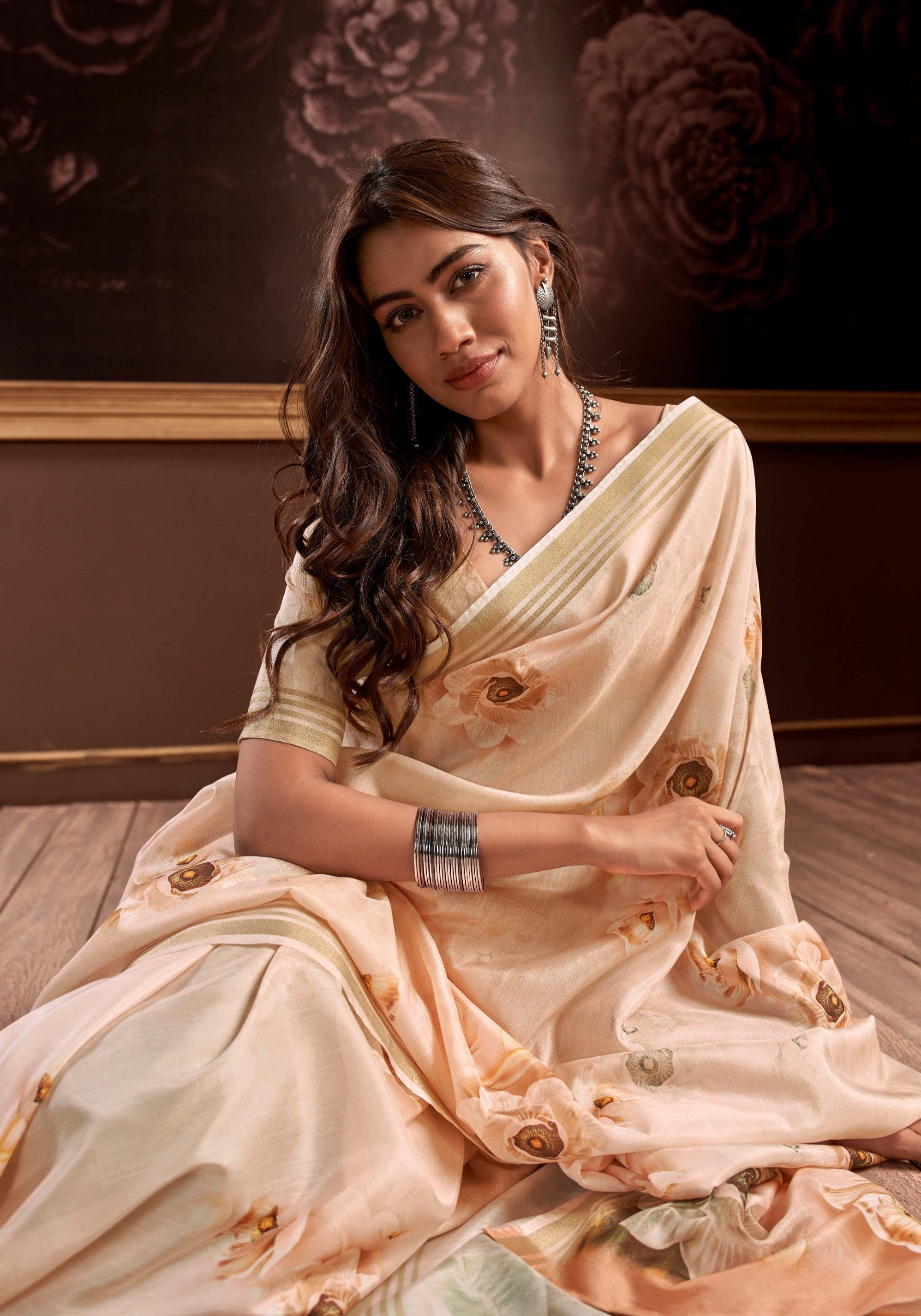 Beige Floral Digital Print Satin Silk Saree