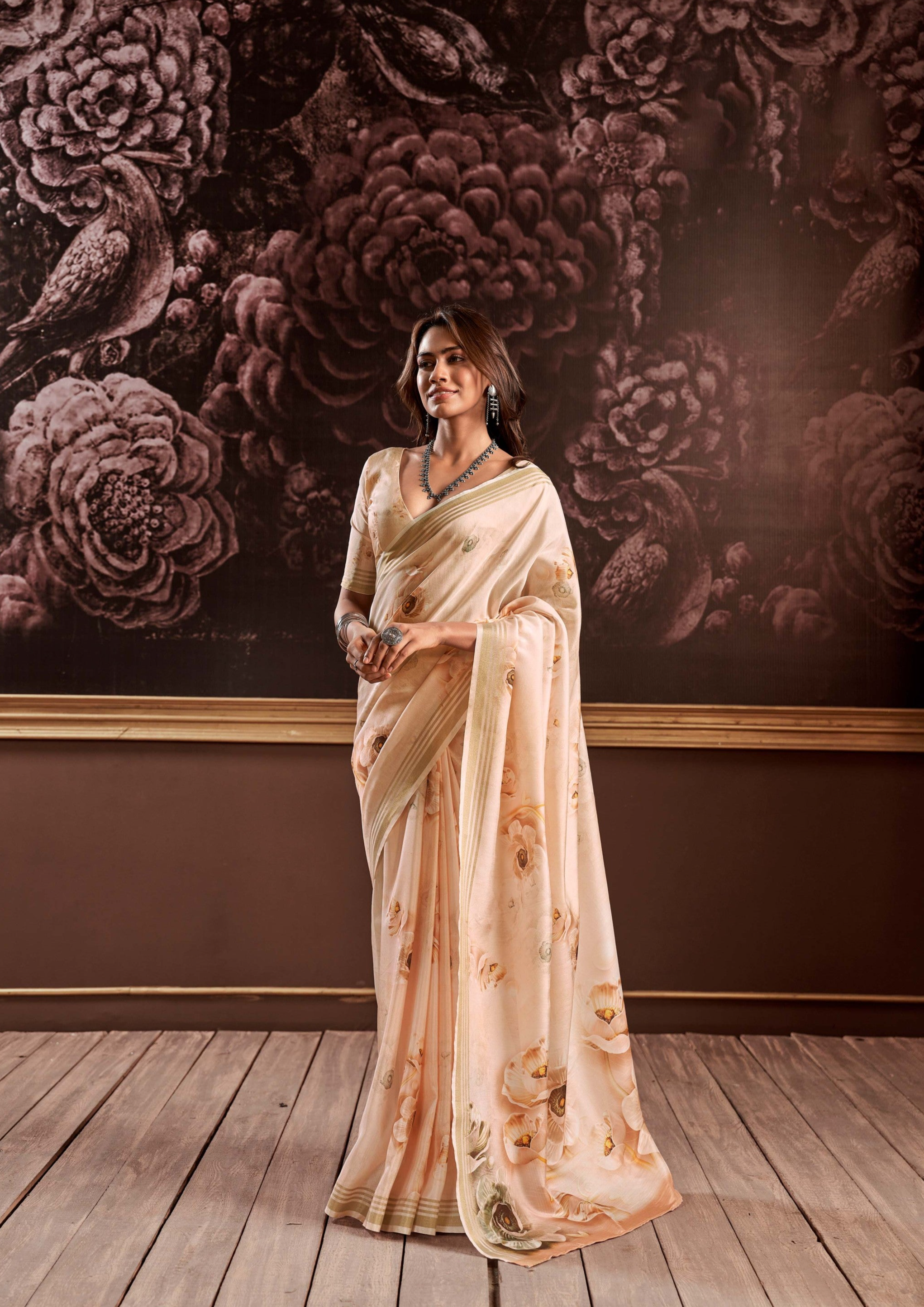 Beige Floral Digital Print Satin Silk Saree