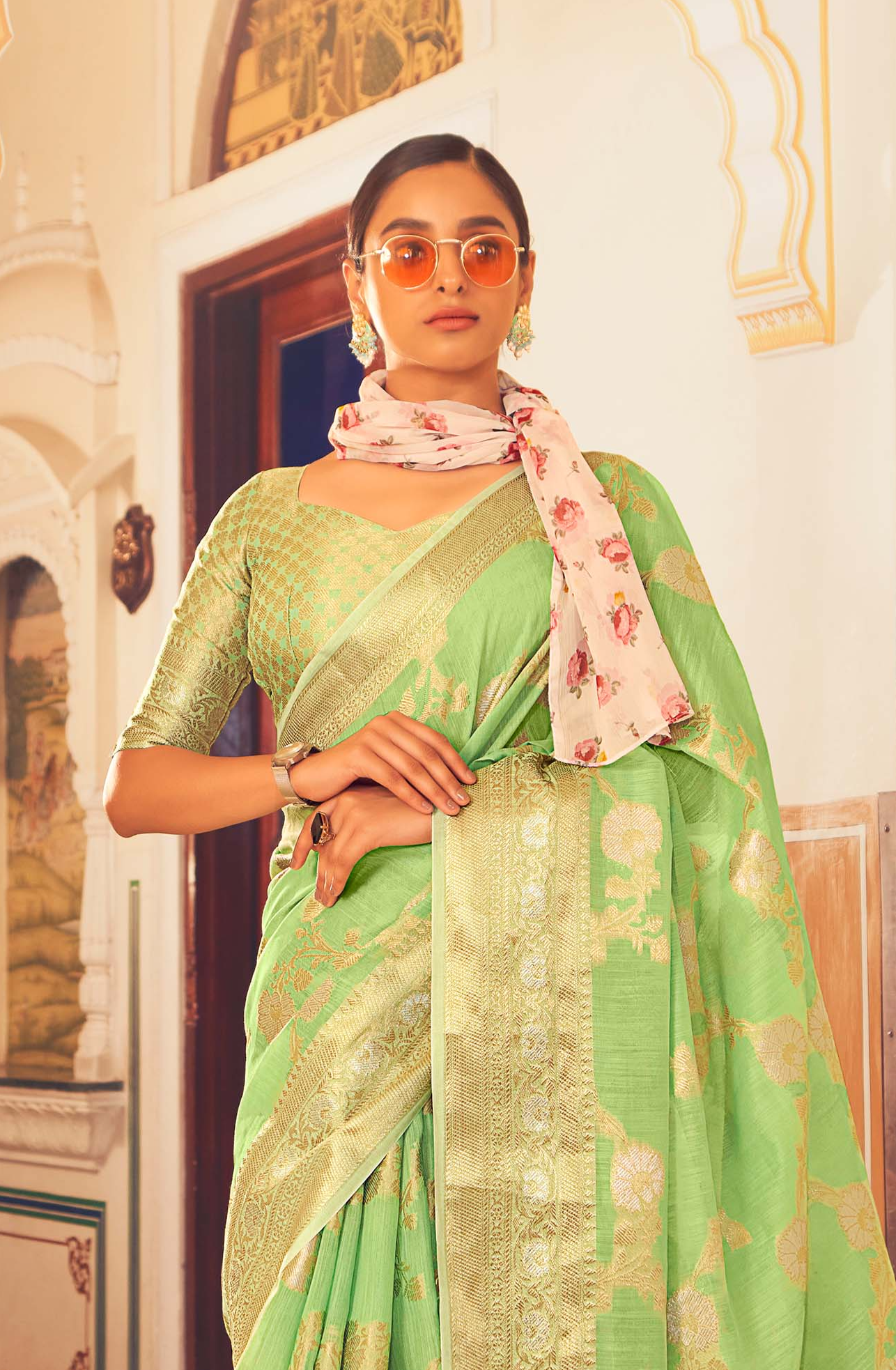 Kiwi Green Elegance Linen Silk Saree