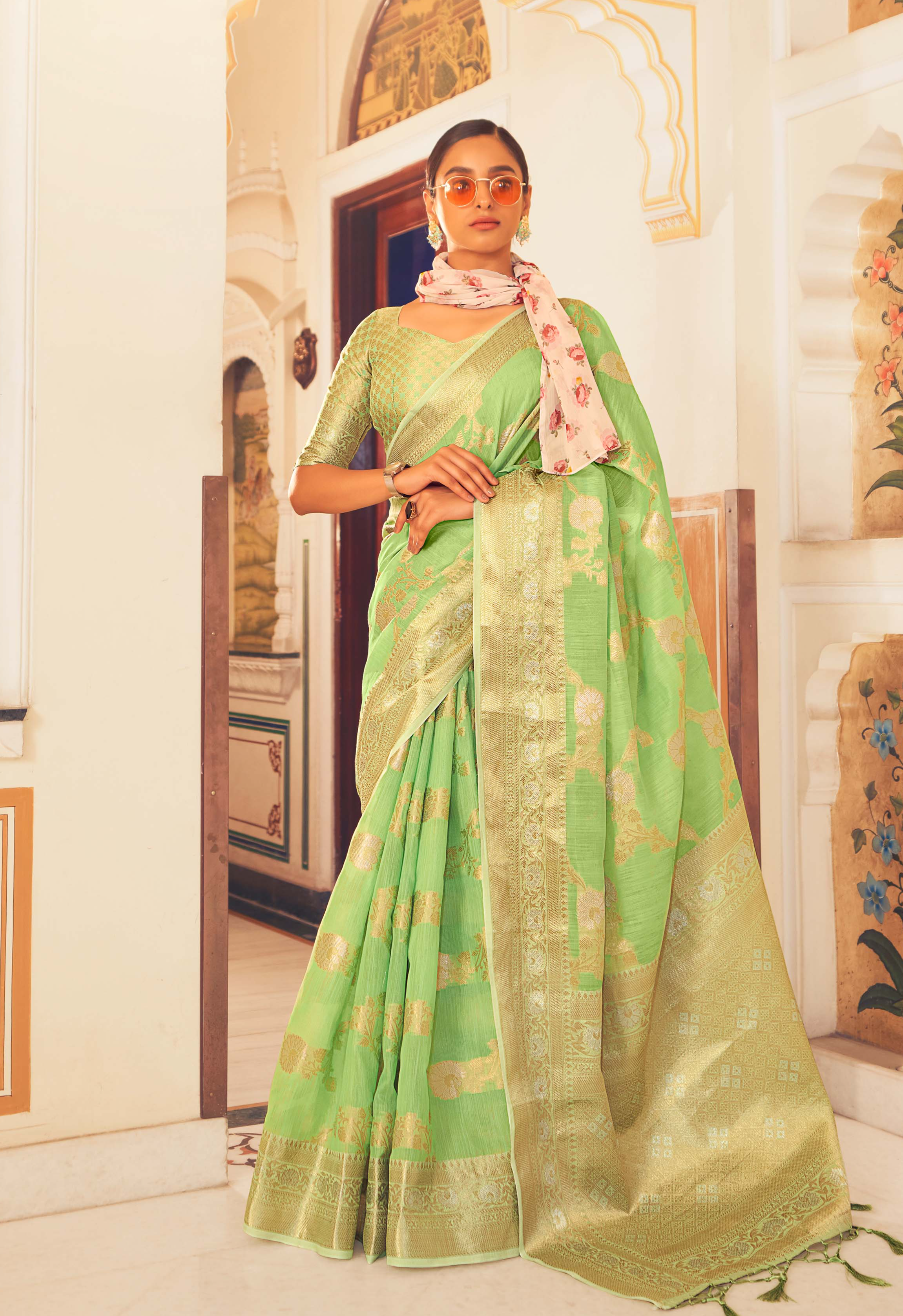 Kiwi Green Elegance Linen Silk Saree