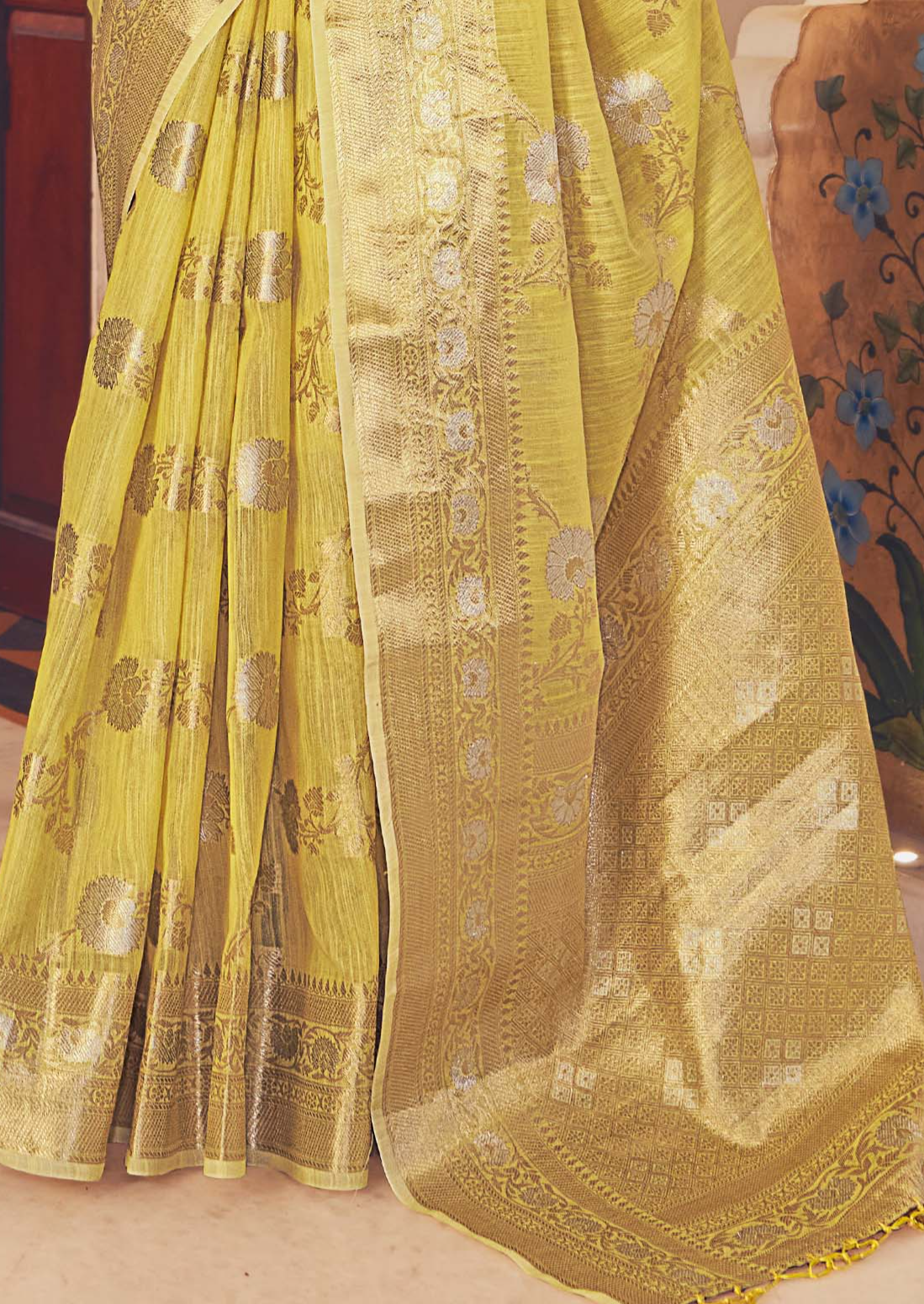 Lemon Yellow Designer Linen Silk Saree