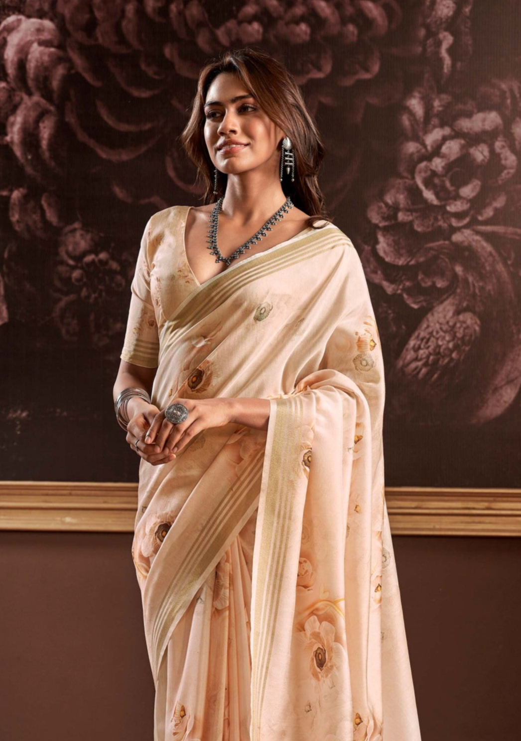 Beige Floral Digital Print Satin Silk Saree