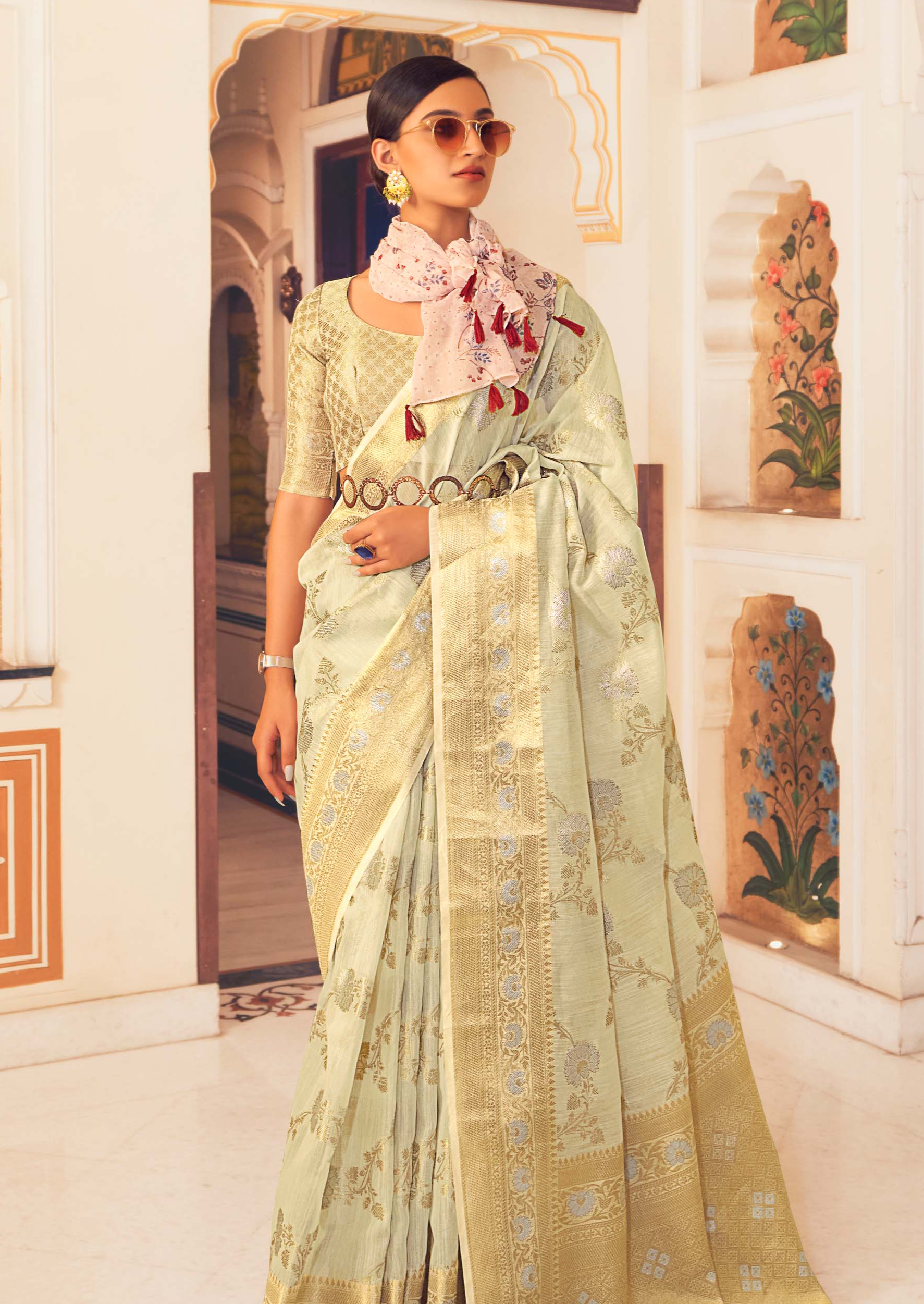 Pastel Green Designer Linen Silk Saree