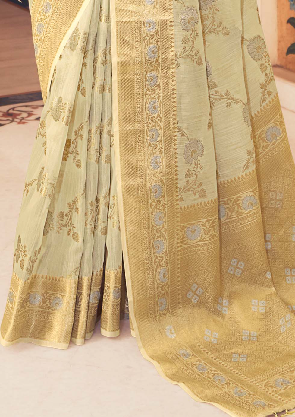 Pastel Green Designer Linen Silk Saree