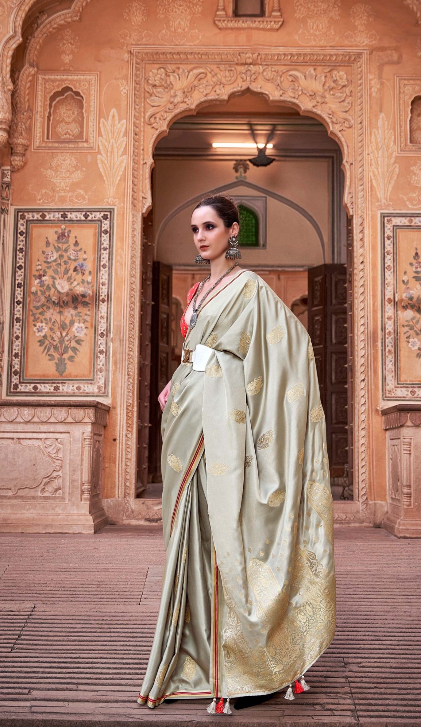 Ethereal Grey Satin Silk Saree