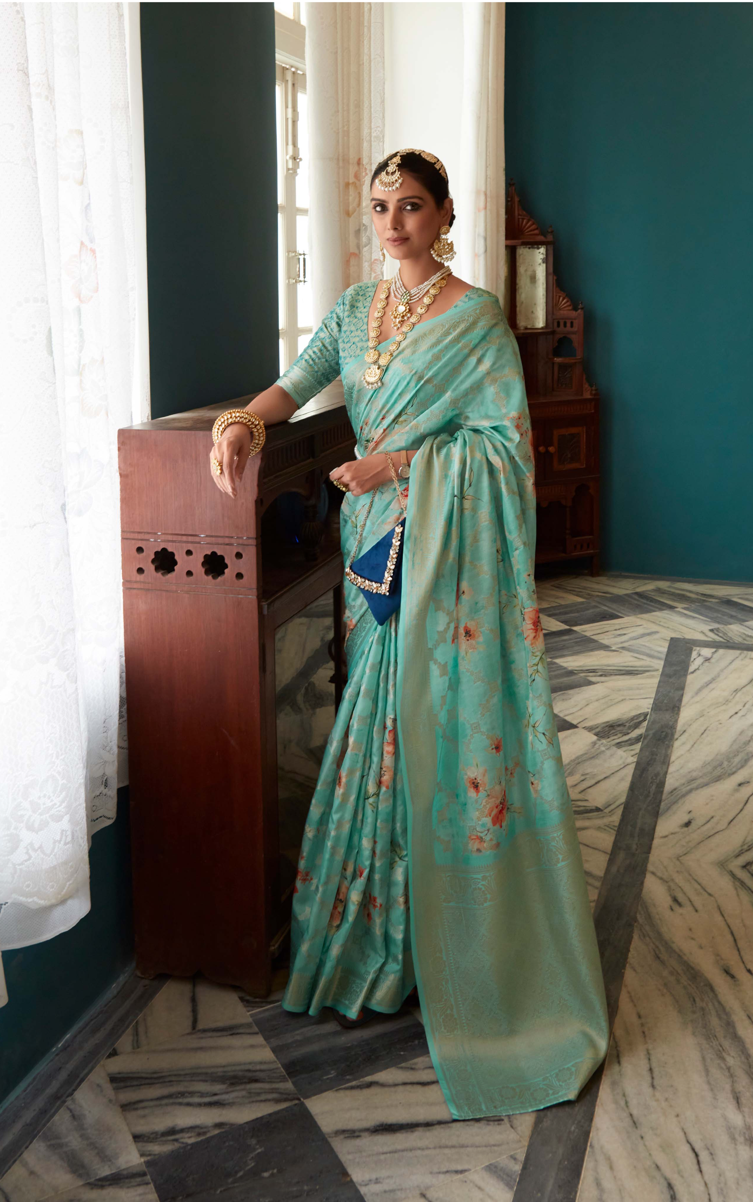 Turquoise Green Banarasi Floral Silk Saree